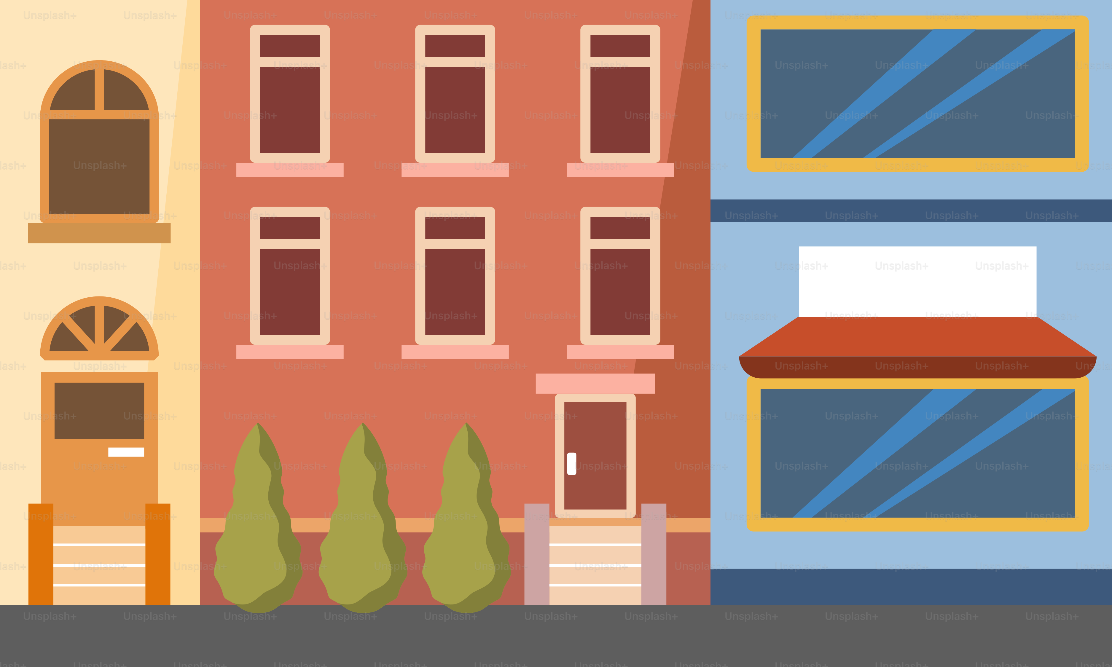 A street scene with a building and trees