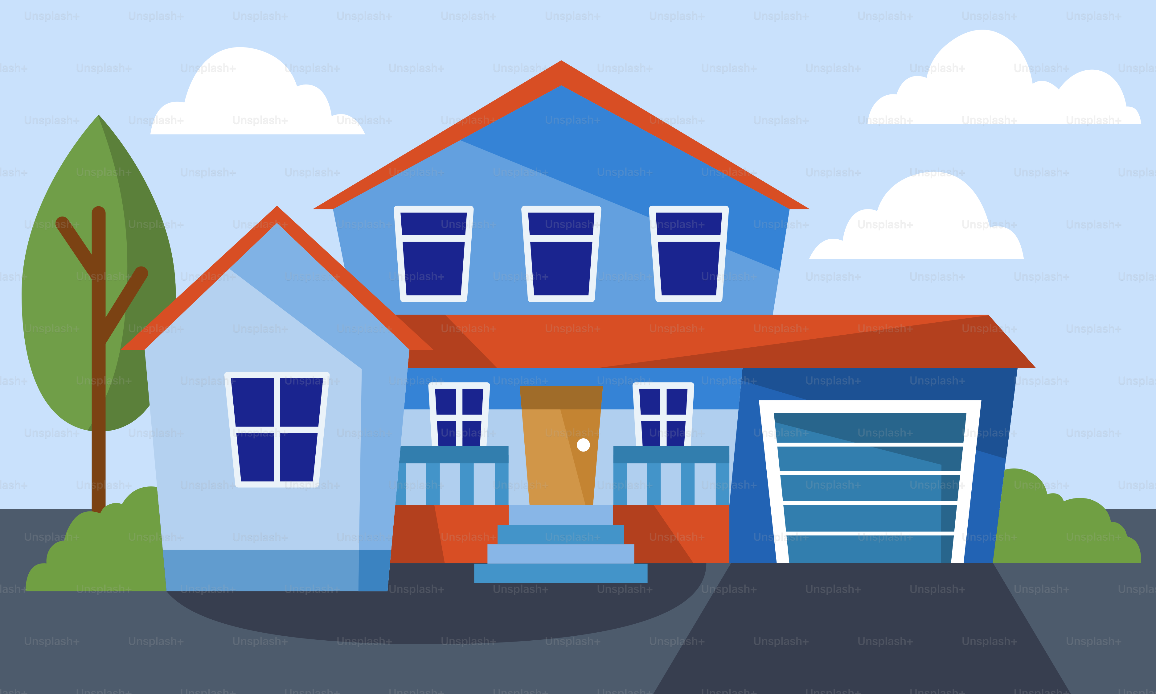 A blue house with a red roof