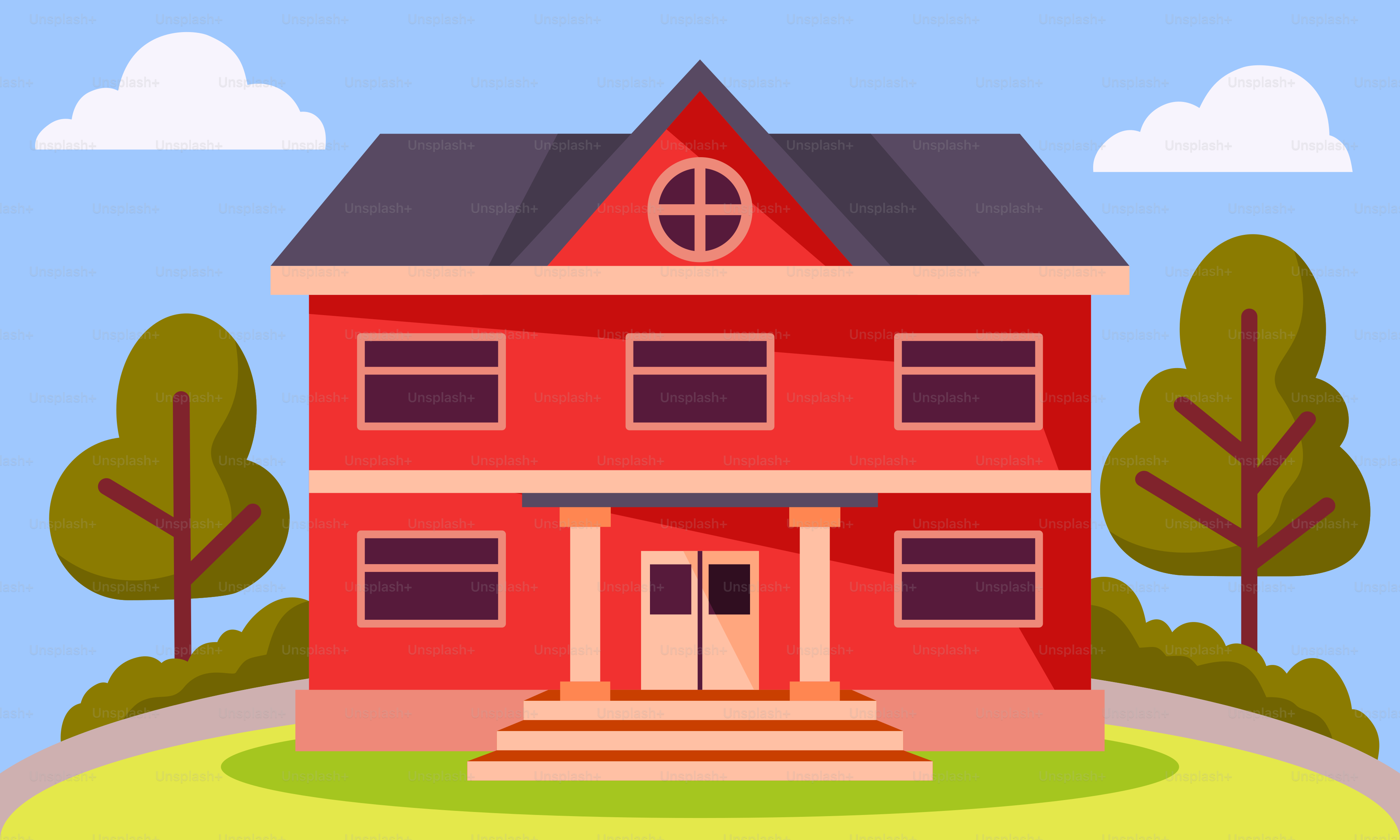 A red house with a black roof on a hill