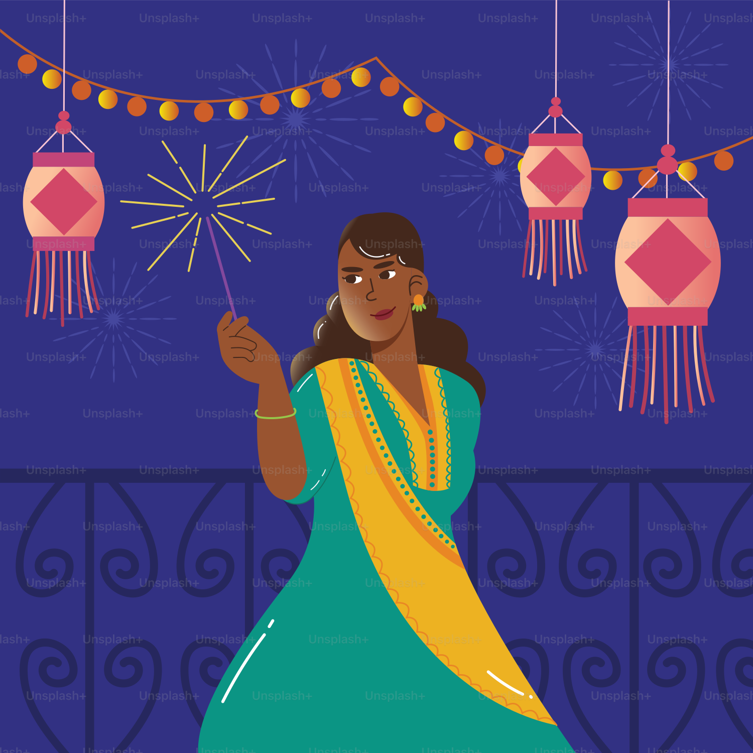 A woman in a blue and yellow sari holding a string of lights