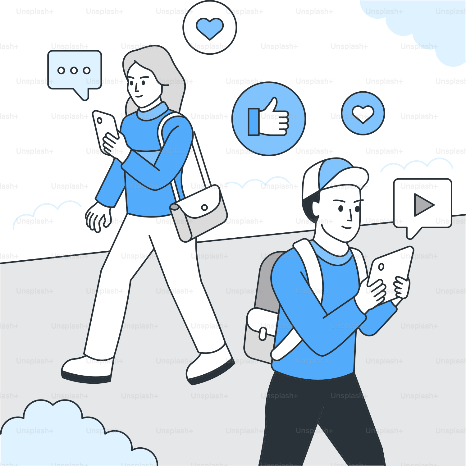 A couple of people walking down a street