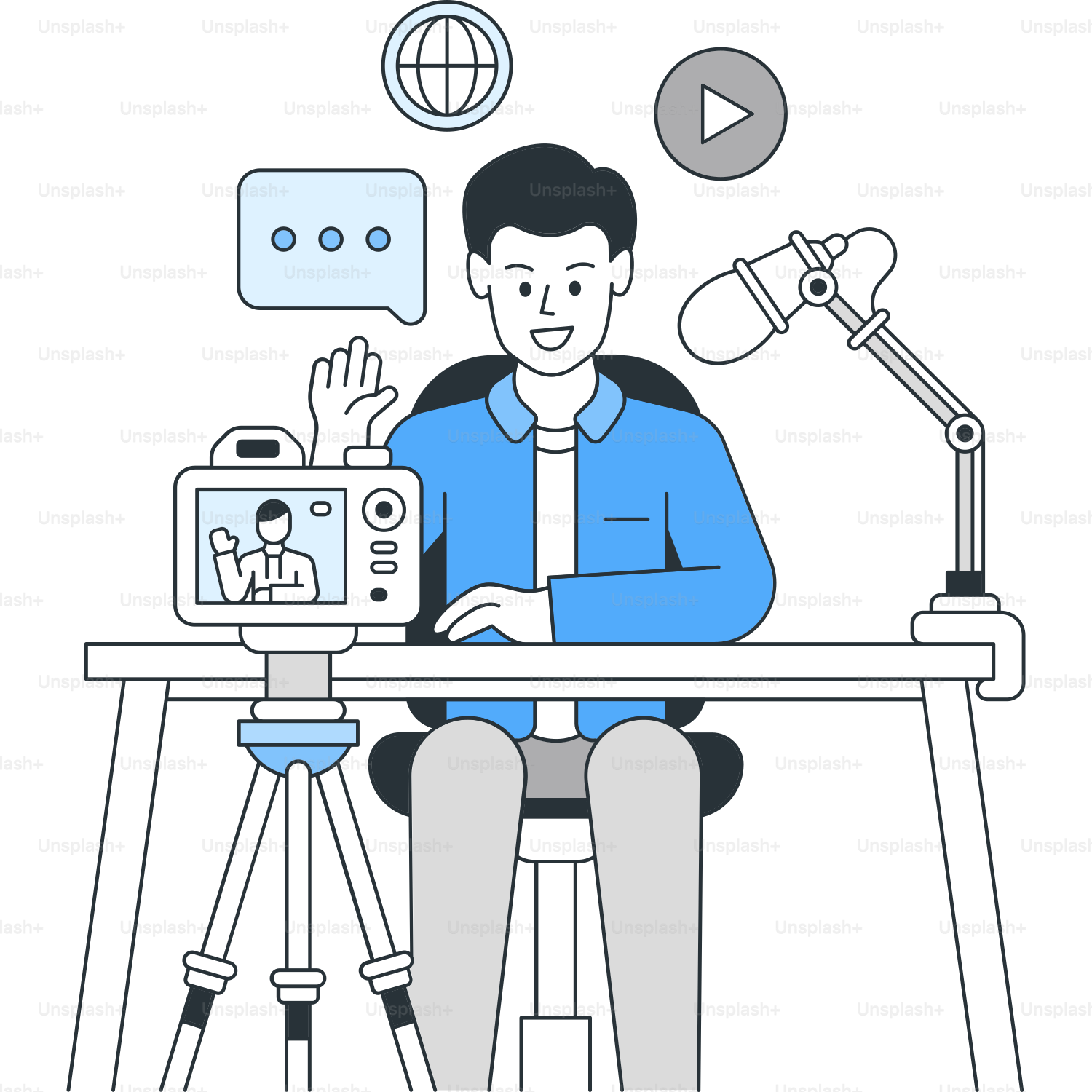 A man sitting at a desk with a camera