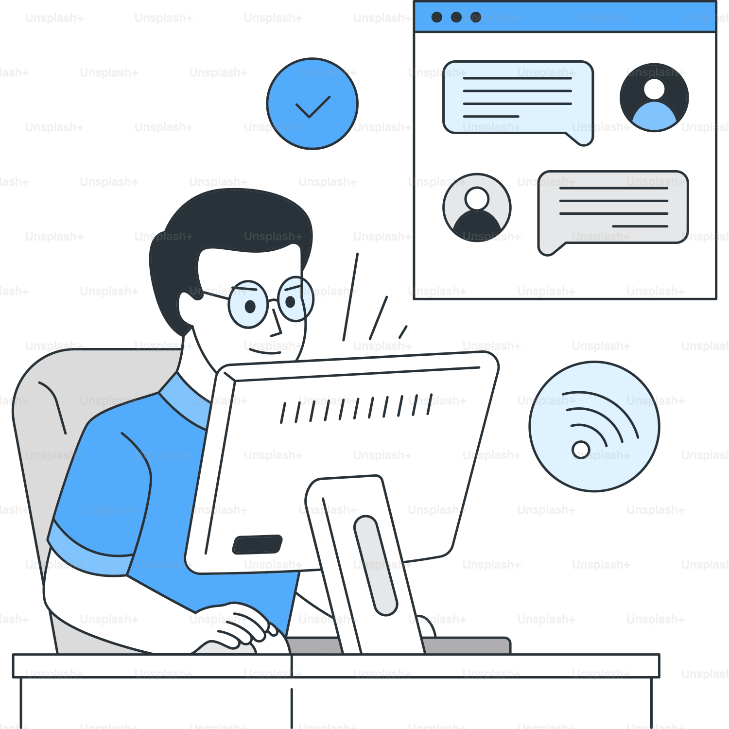 Ein Mann sitzt an einem Schreibtisch mit einem Computer vor sich