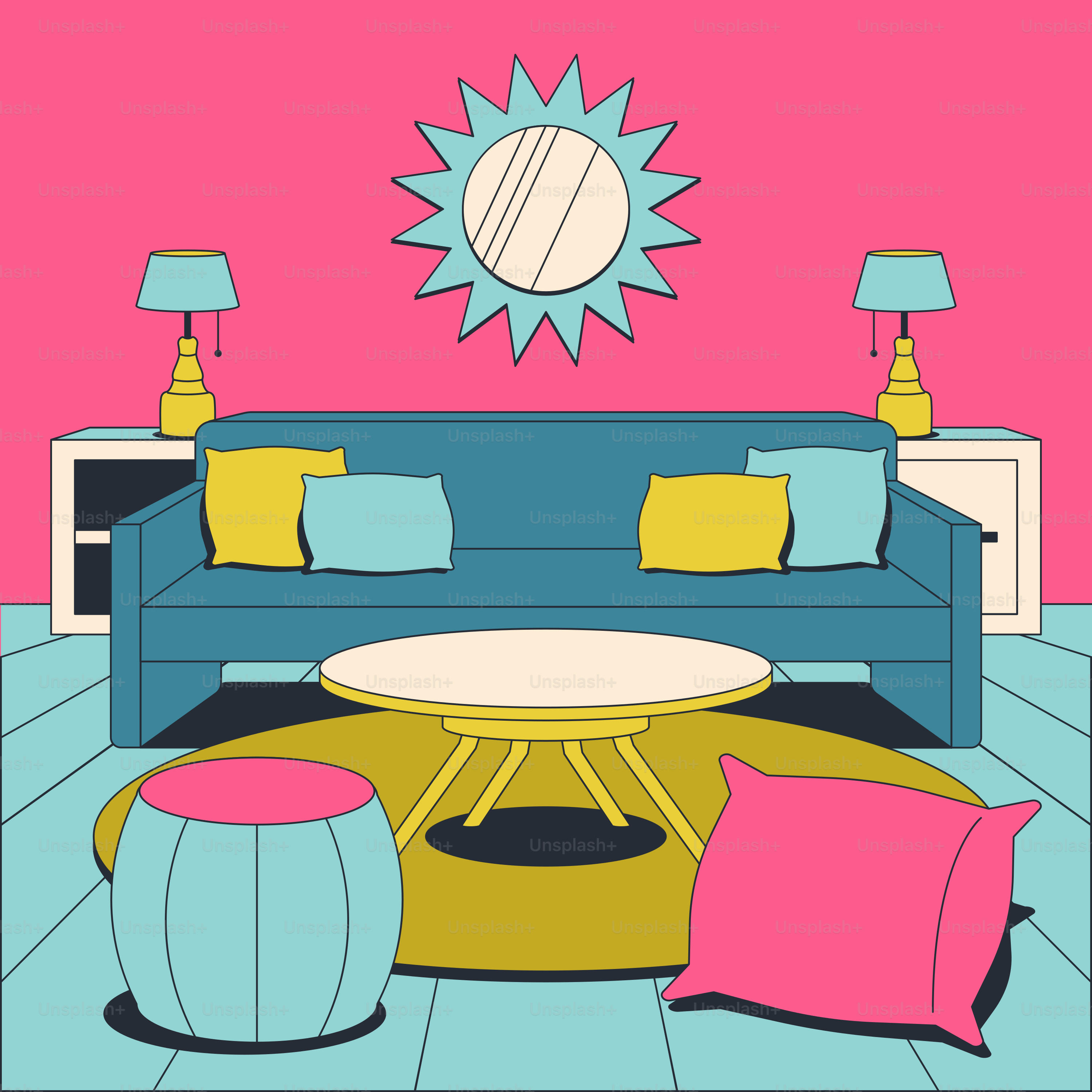 Ein Wohnzimmer mit einem blauen Sofa und rosa Wänden