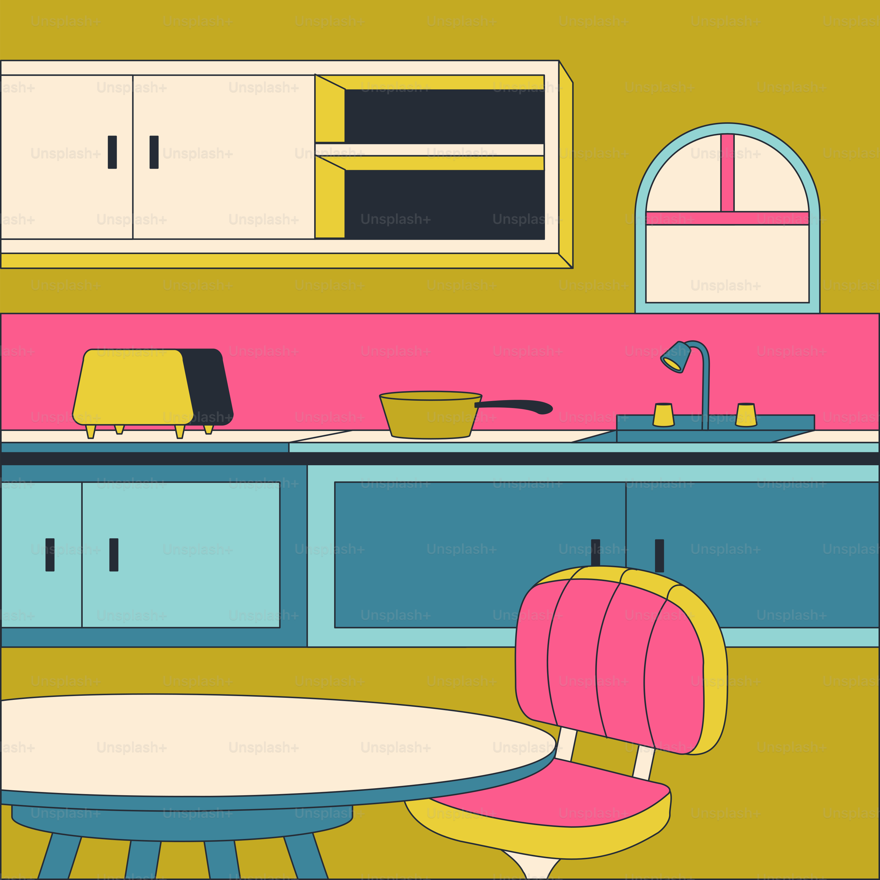 A kitchen with a table and a chair in it