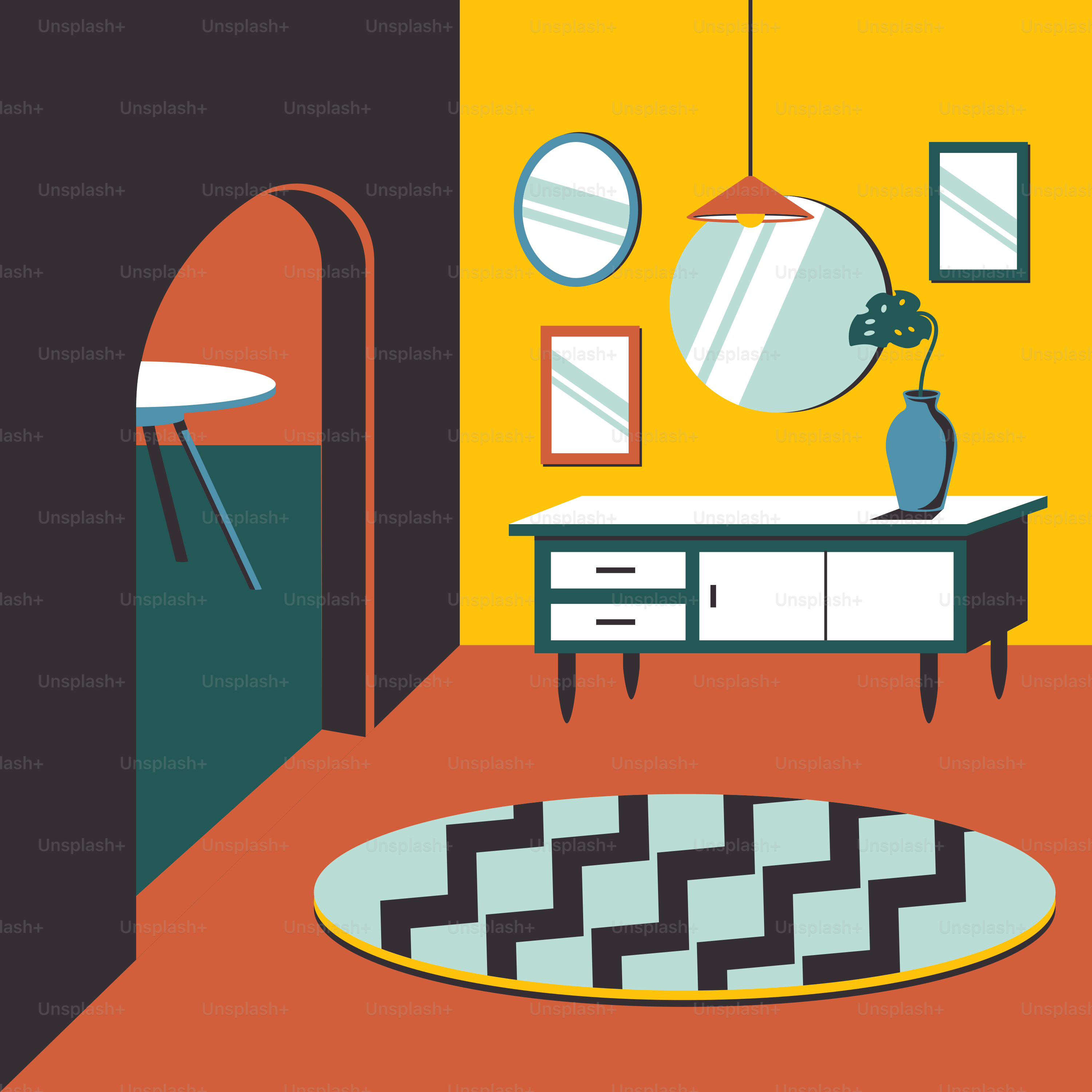 A room with a table and a mirror