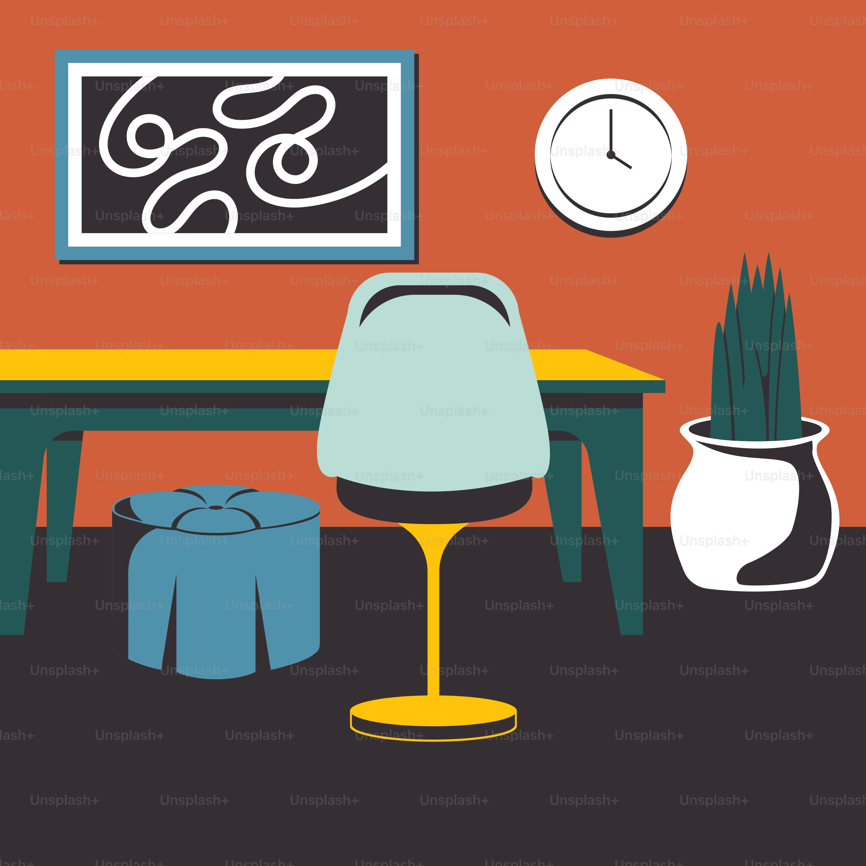 A room with a table and a chair and a clock