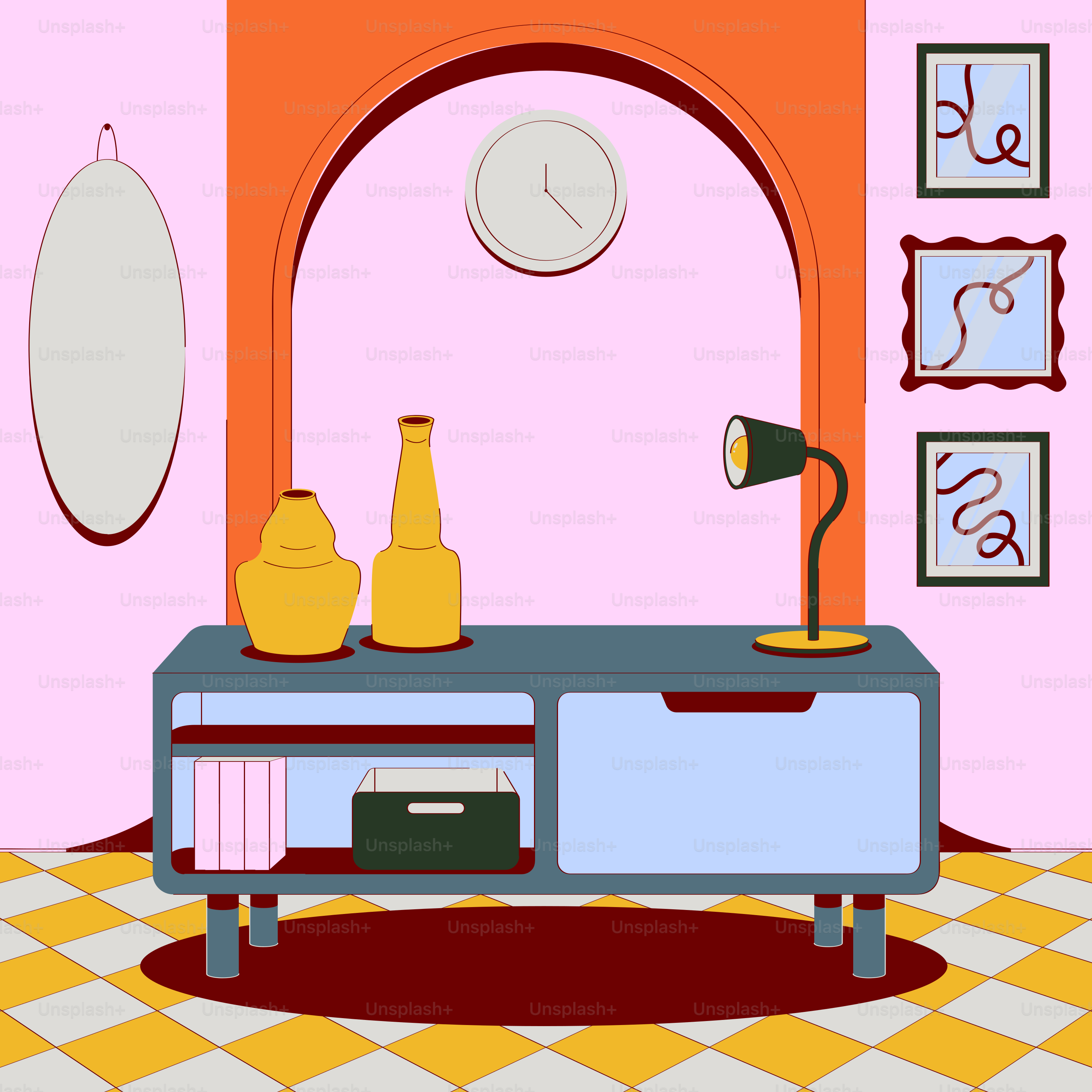 A living room with a table and a clock on the wall