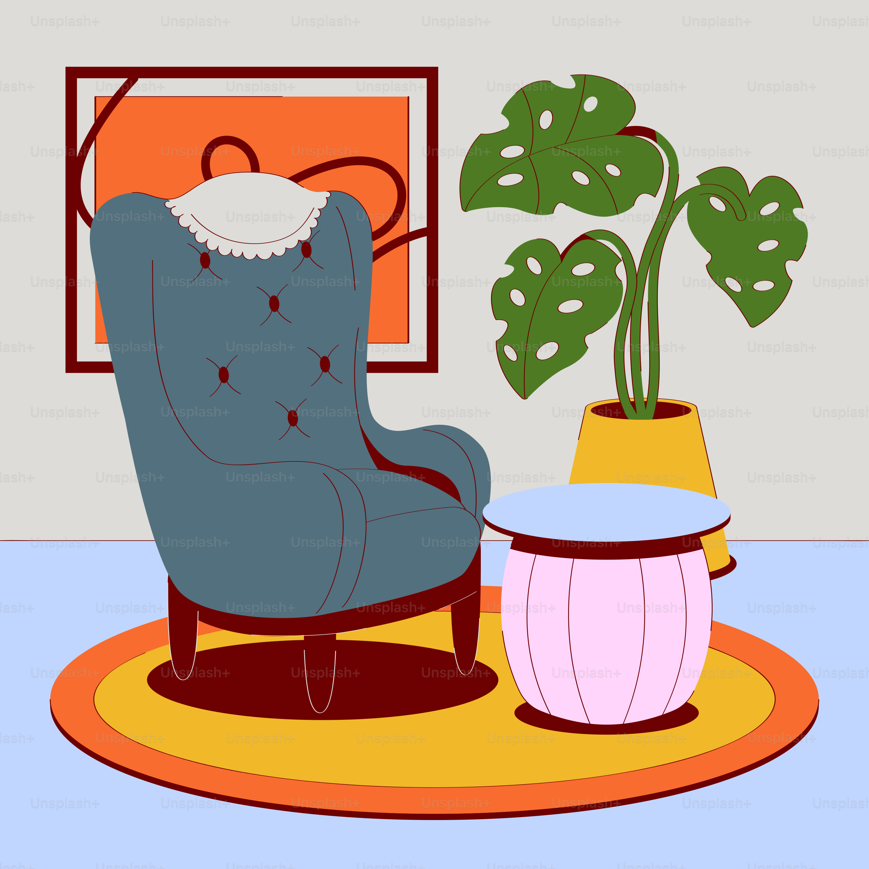 A living room with a blue chair and a potted plant