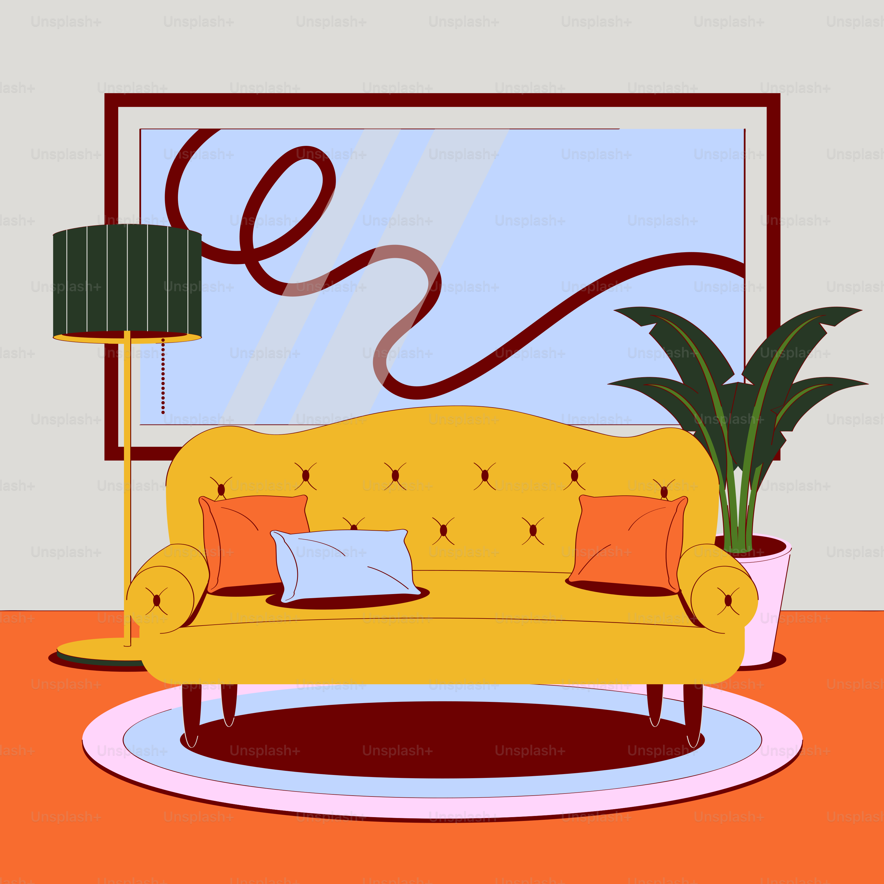 A living room with a yellow couch and a green lamp