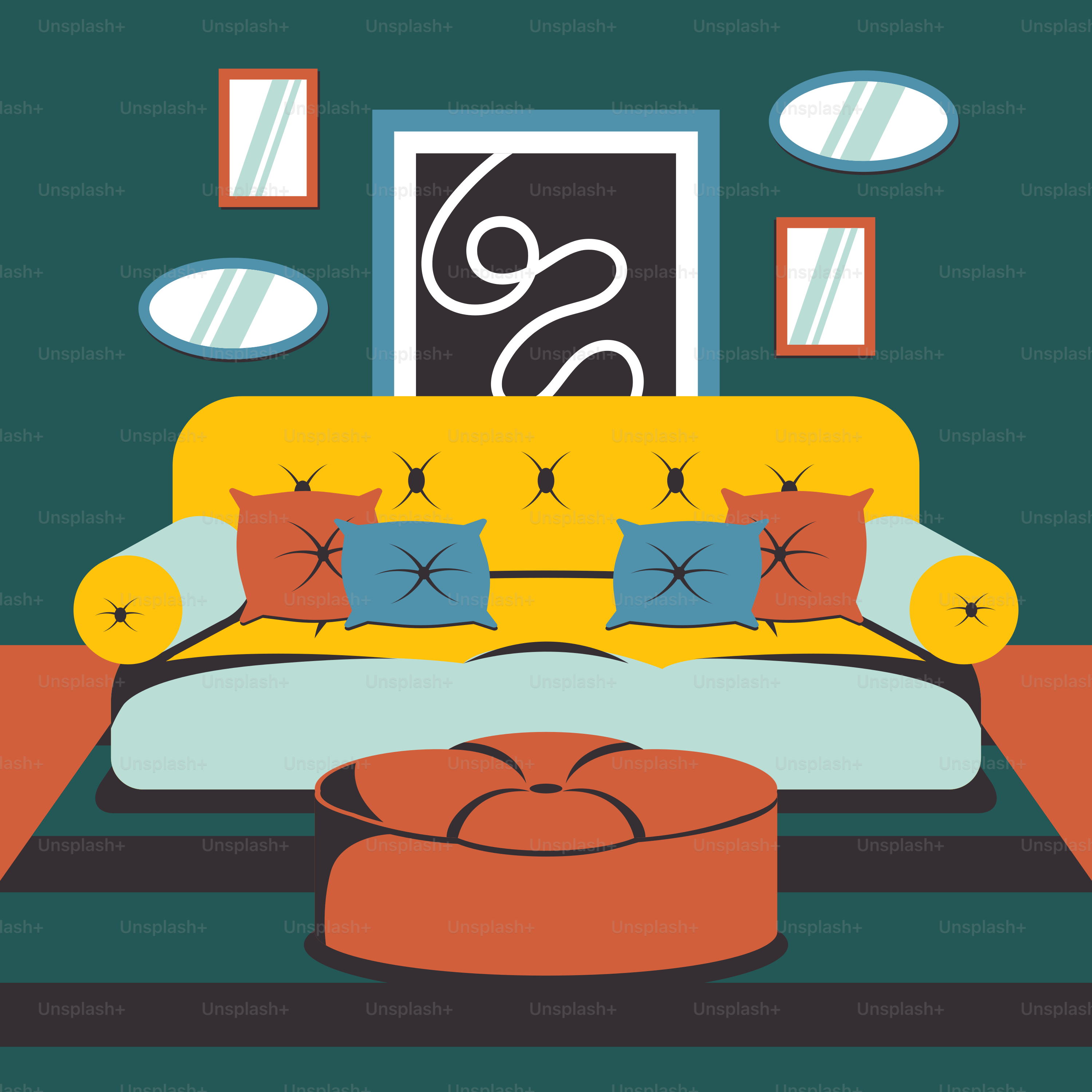 A living room with a couch and ottoman