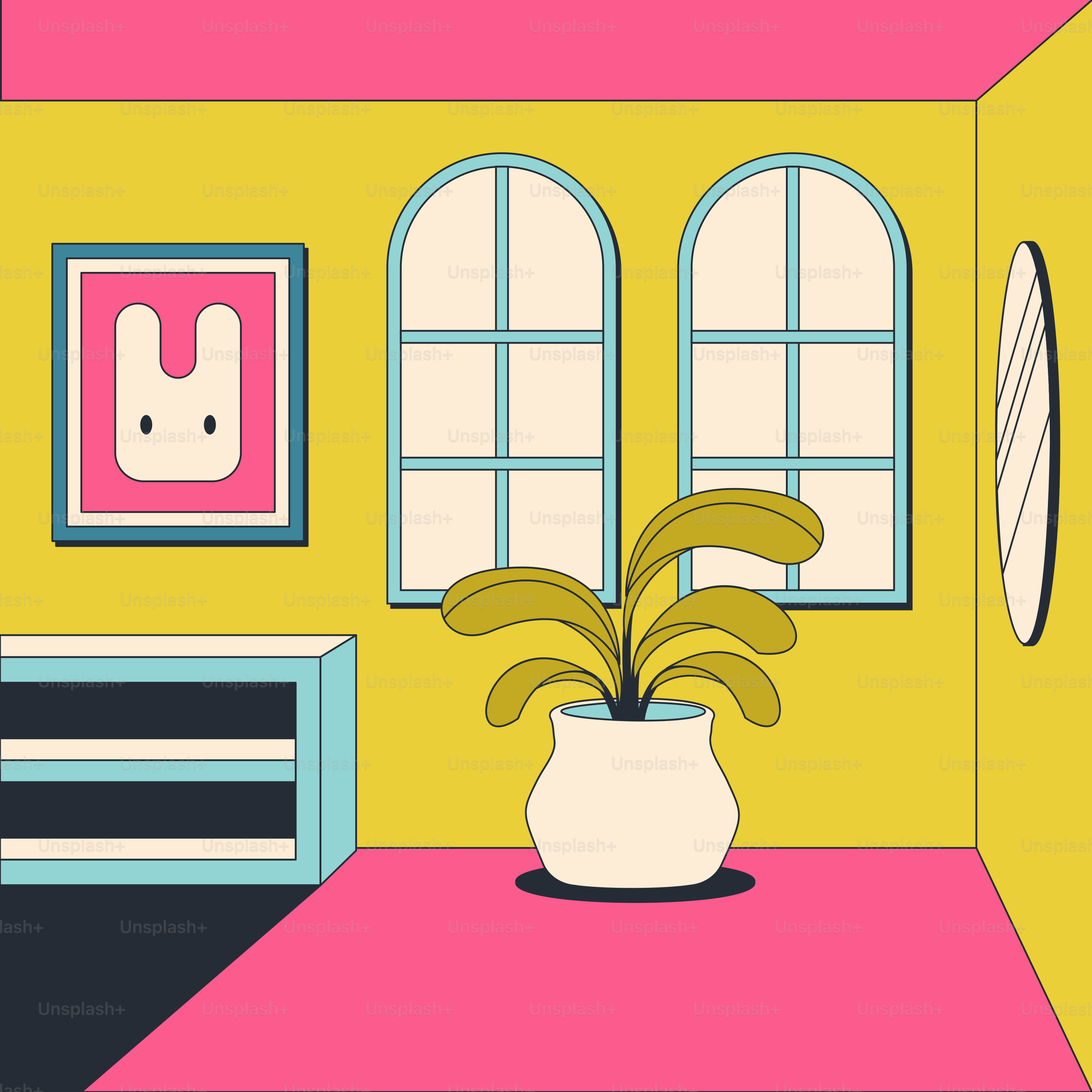 A room with a potted plant in the middle of the room