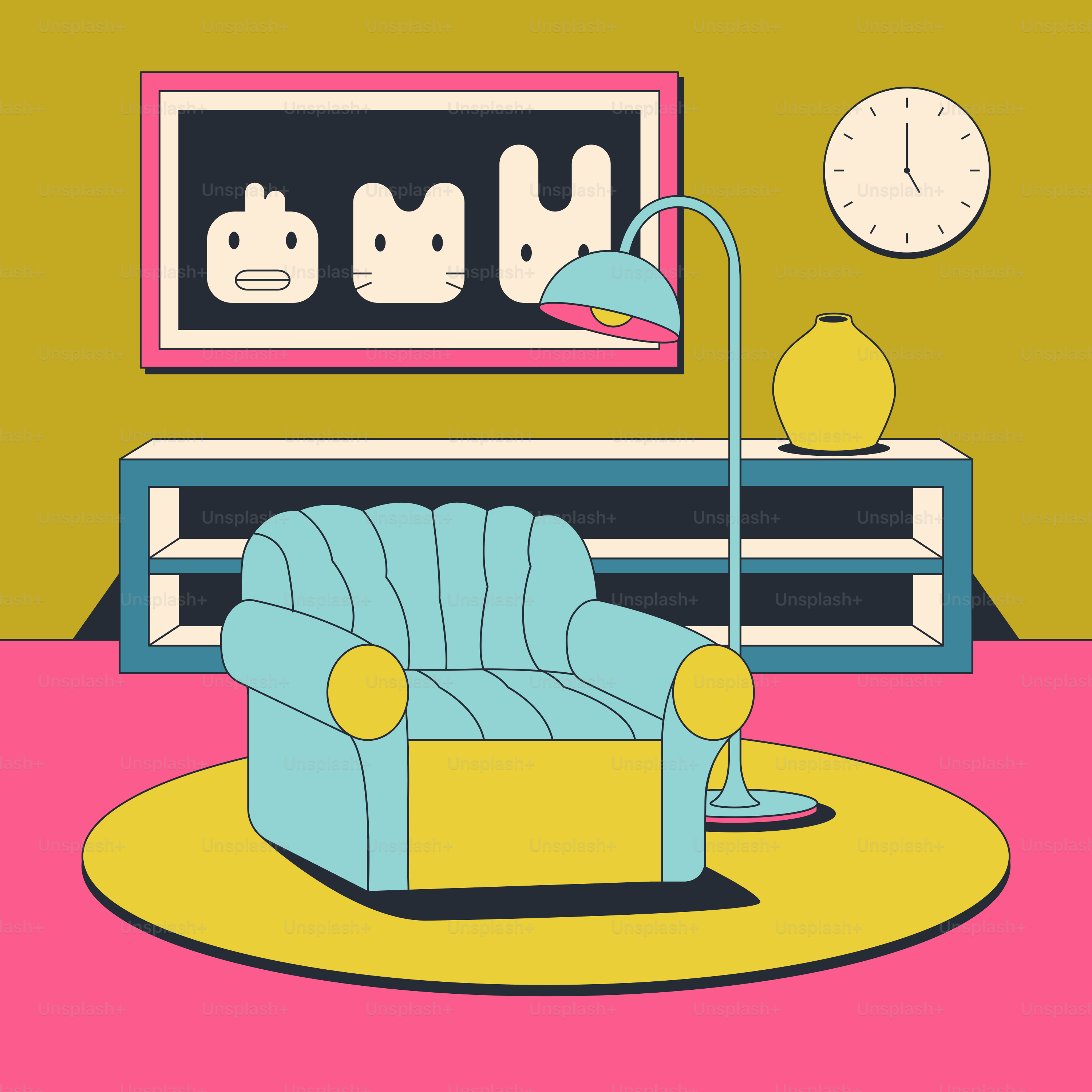 Vektor Ruang tamu dengan sofa dan jam di dinding – Gambar Desain ...