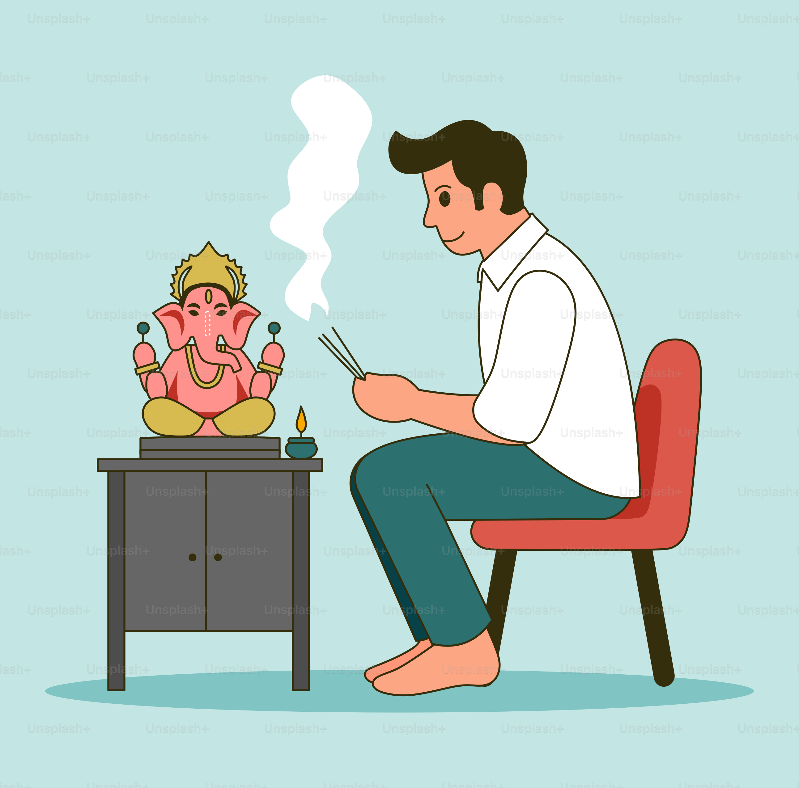 A man sitting in front of a small table with a small statue of a gan