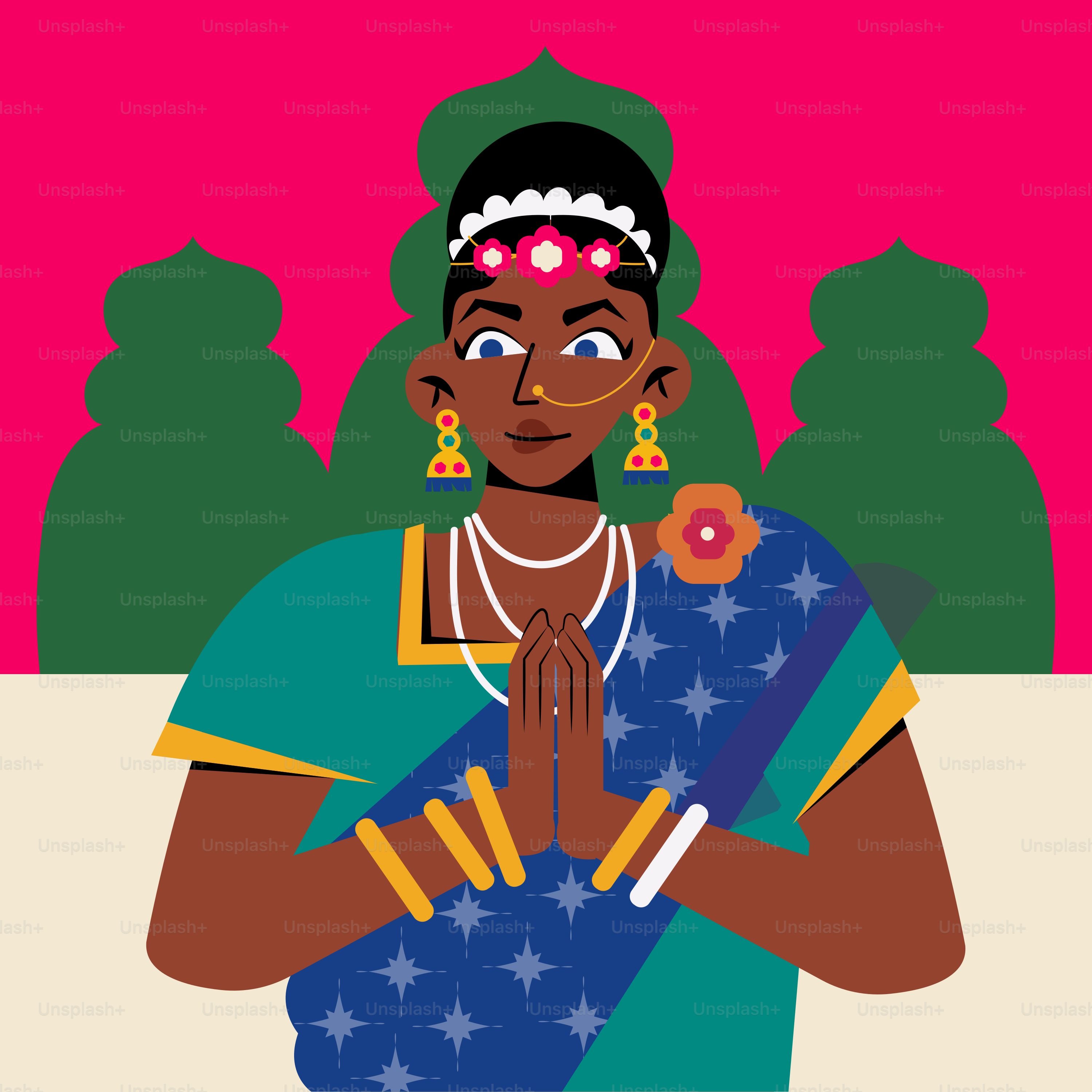 A woman in a blue dress with a flower in her hand