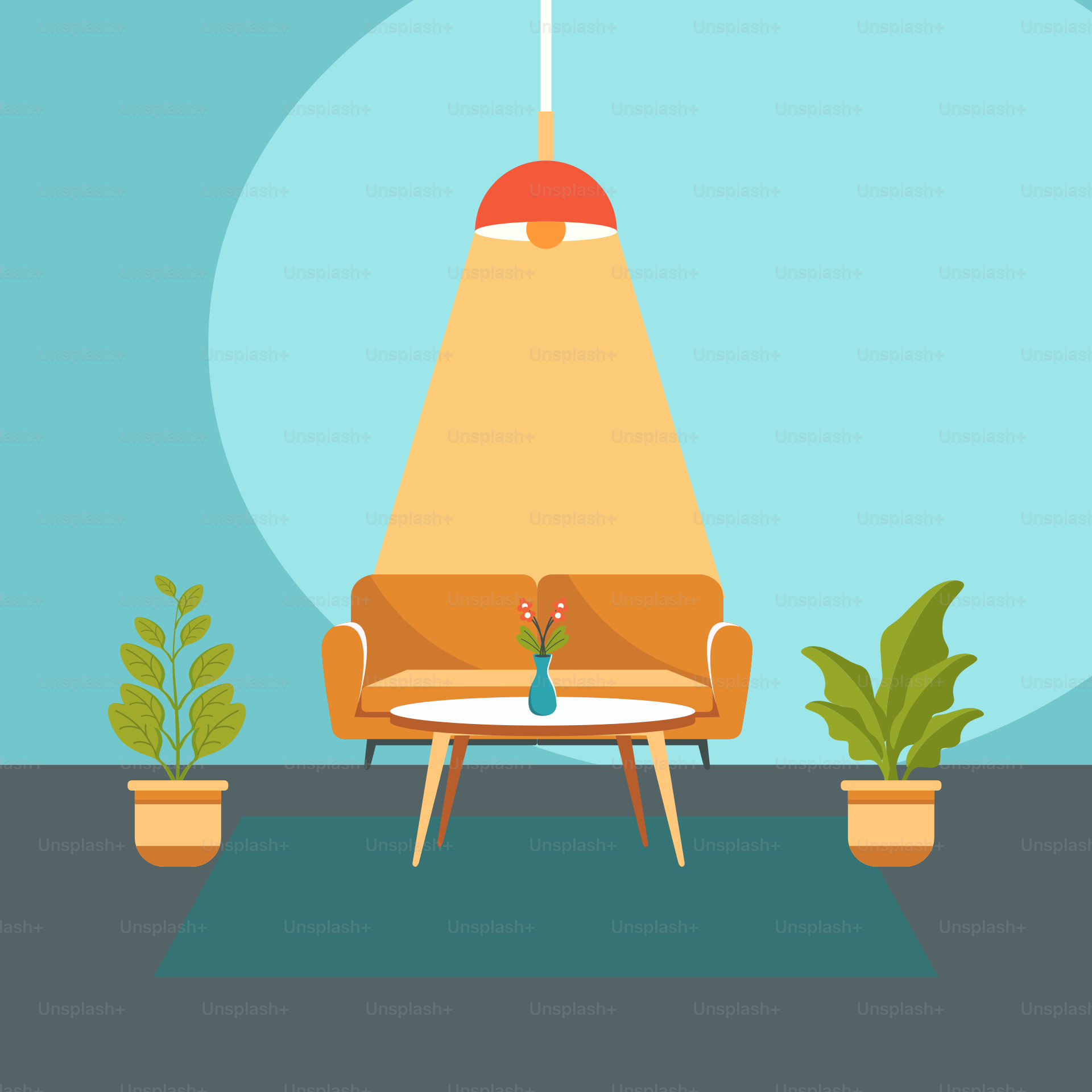 Un salón con un sofá, una mesa y plantas en maceta