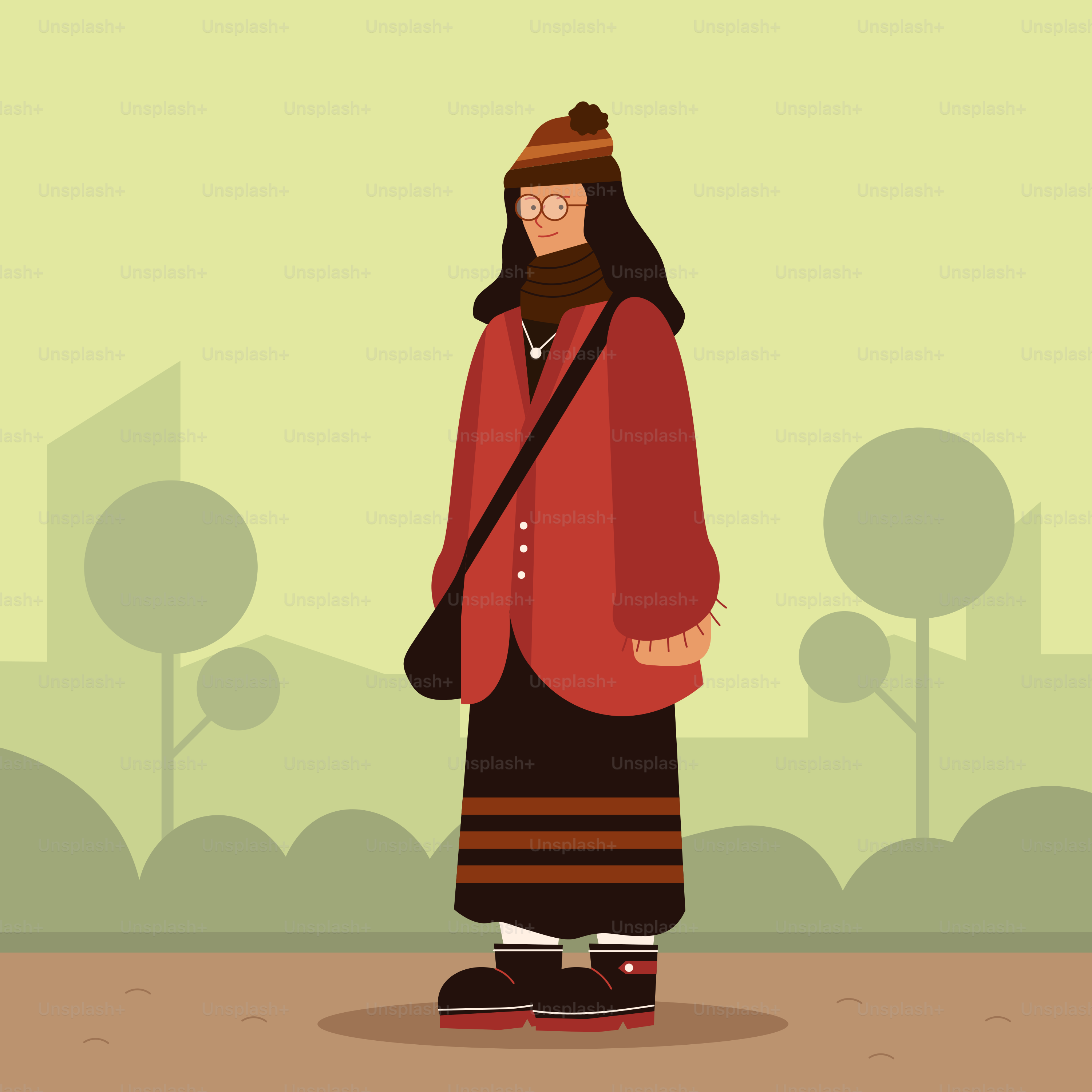 A woman in a red jacket and black skirt standing in a park