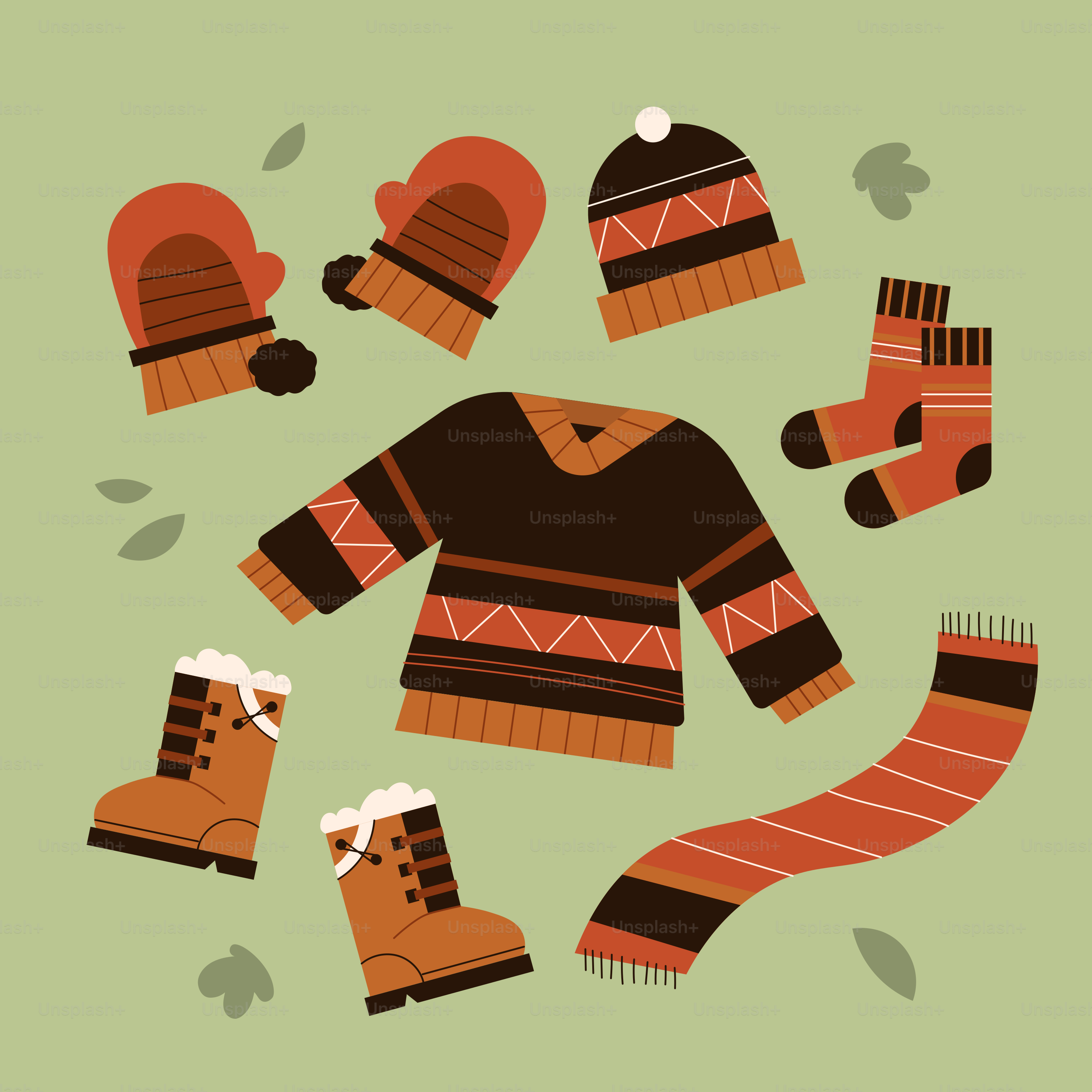 A sweater, mittens, scarf, and boots are arranged in a circle