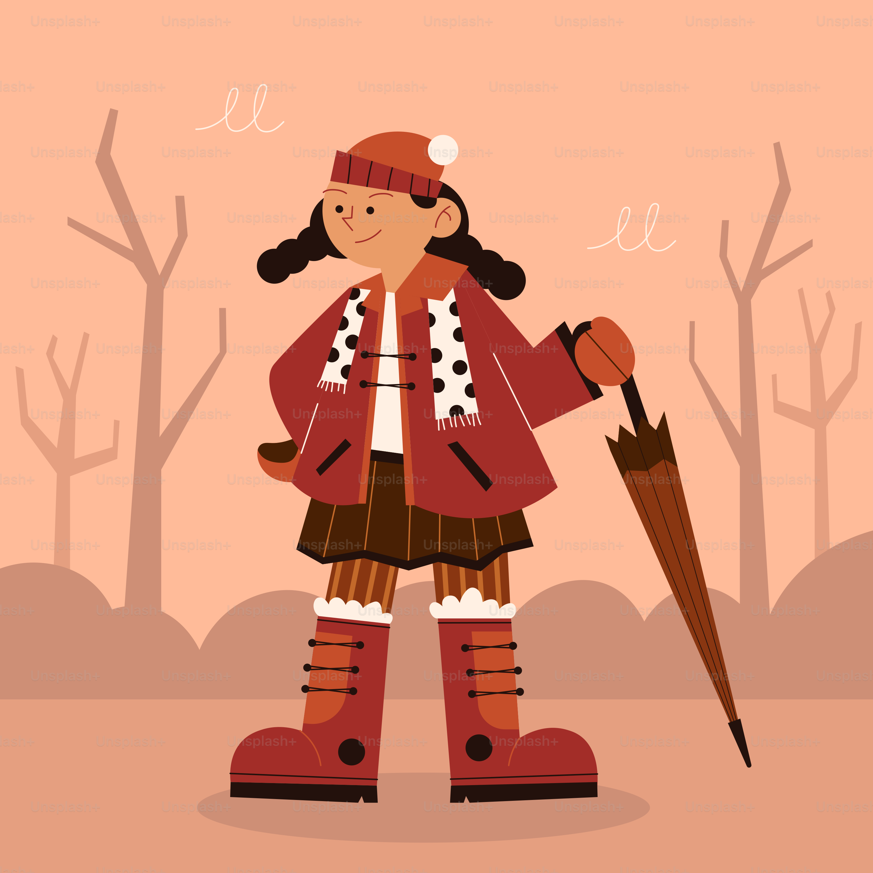 A woman in a red jacket holding a brown umbrella
