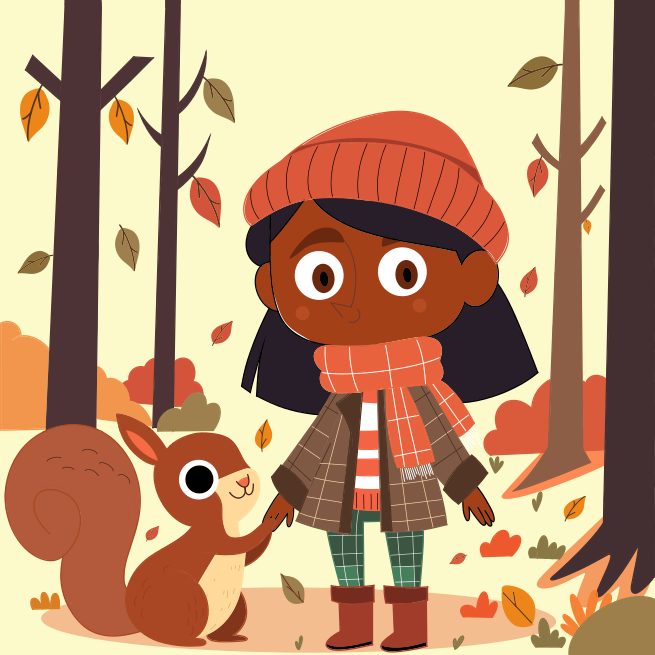 A little girl standing next to a squirrel in a forest