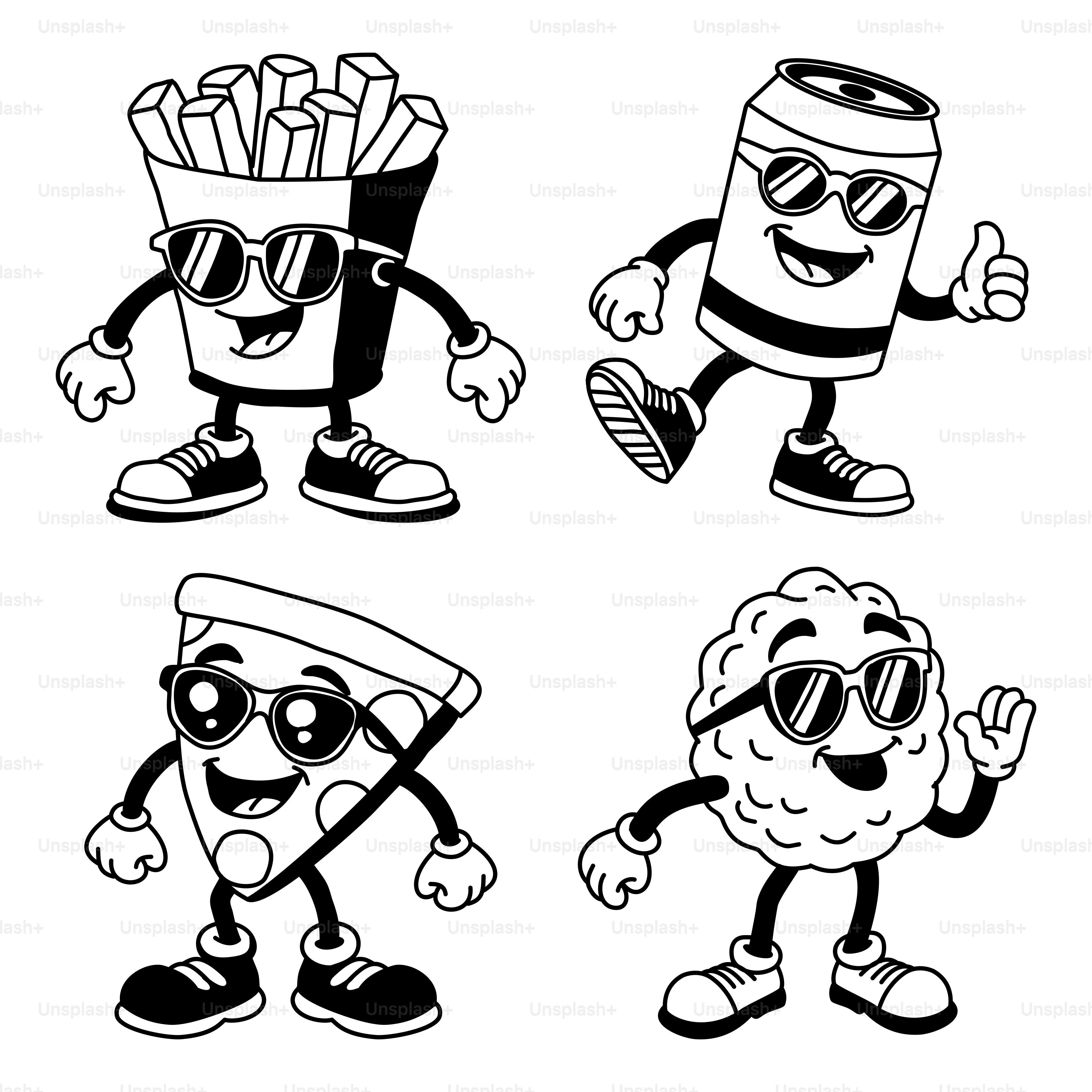 A set of four different cartoon characters