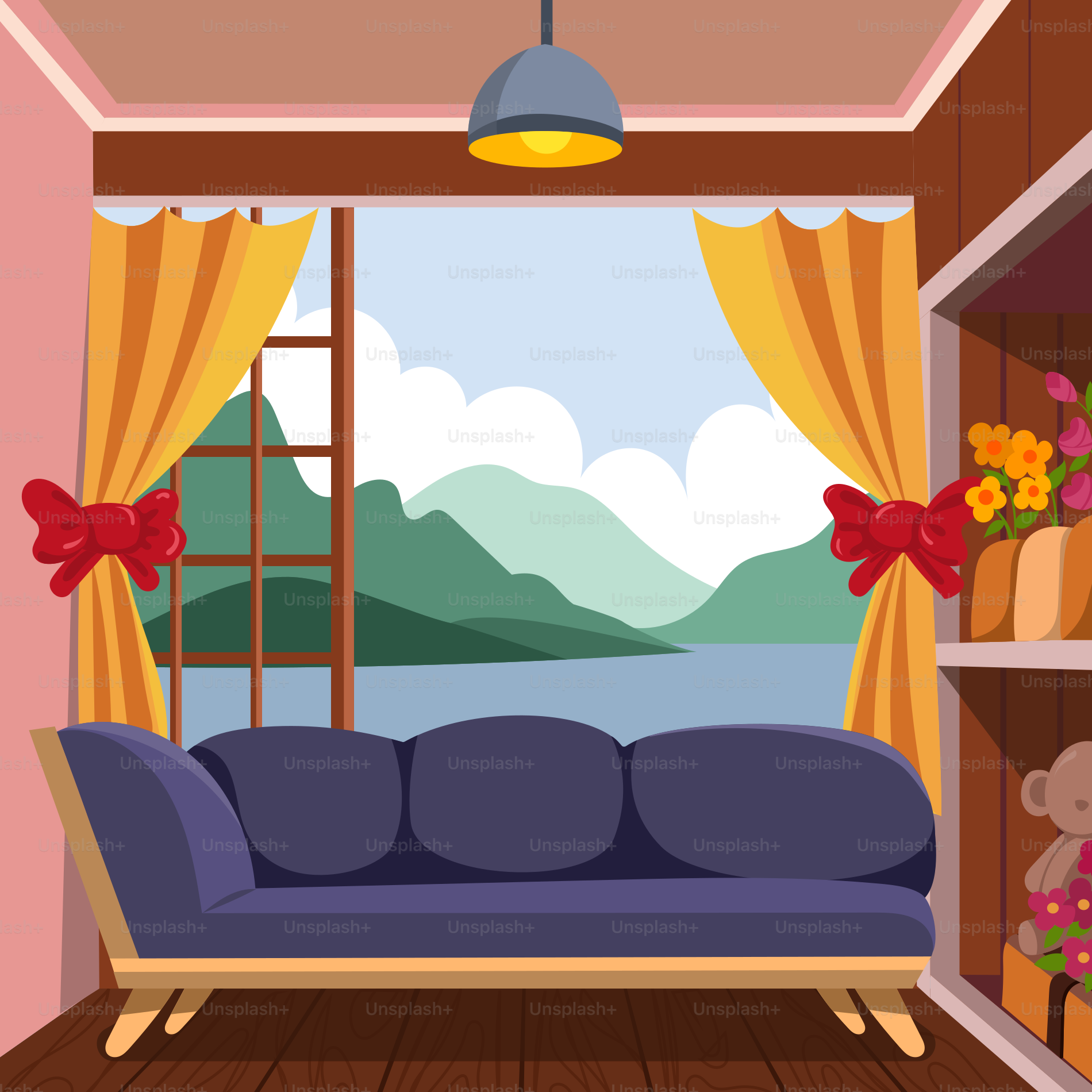 A living room with a blue couch and a window