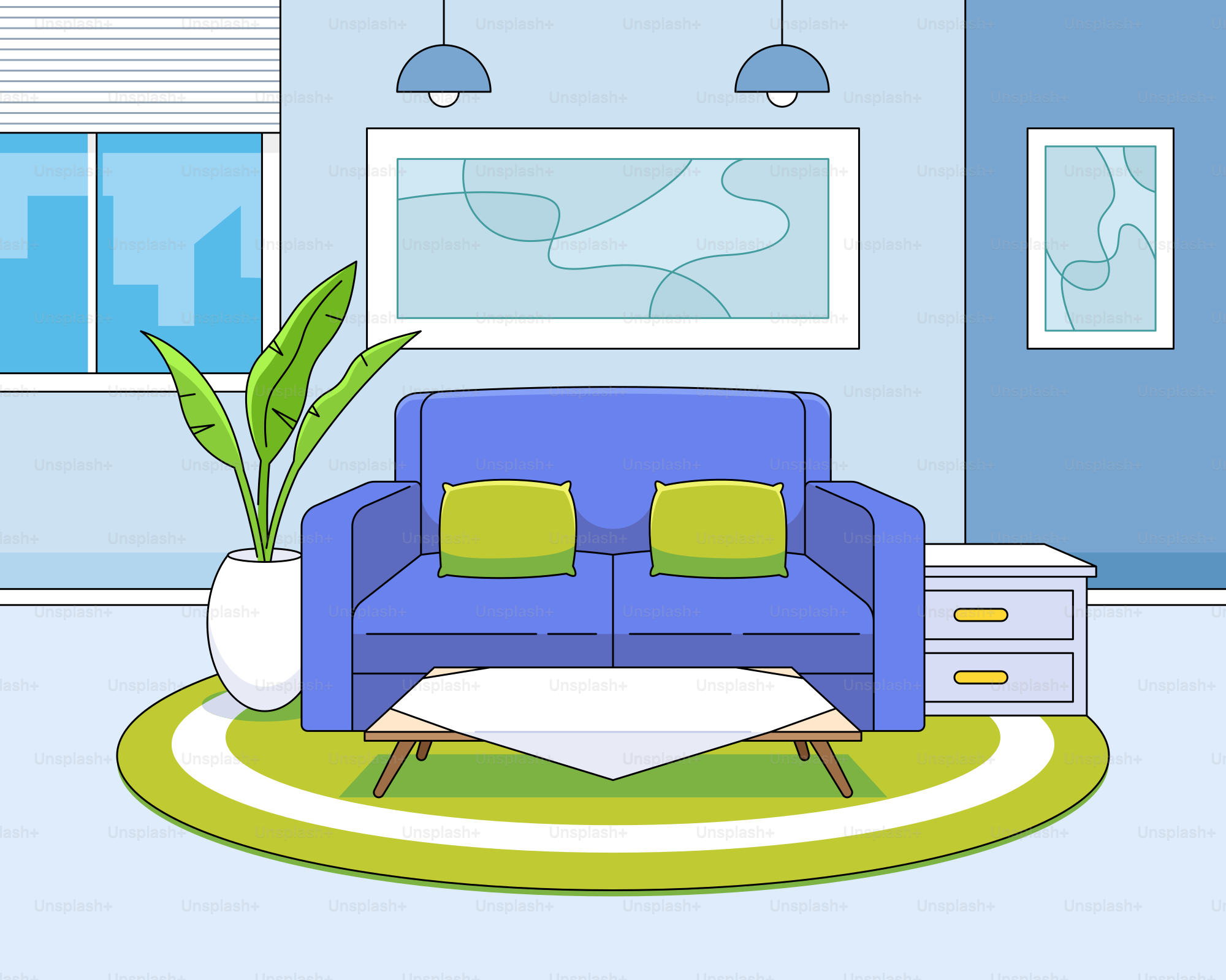 Un salon avec un canapé bleu et une plante verte