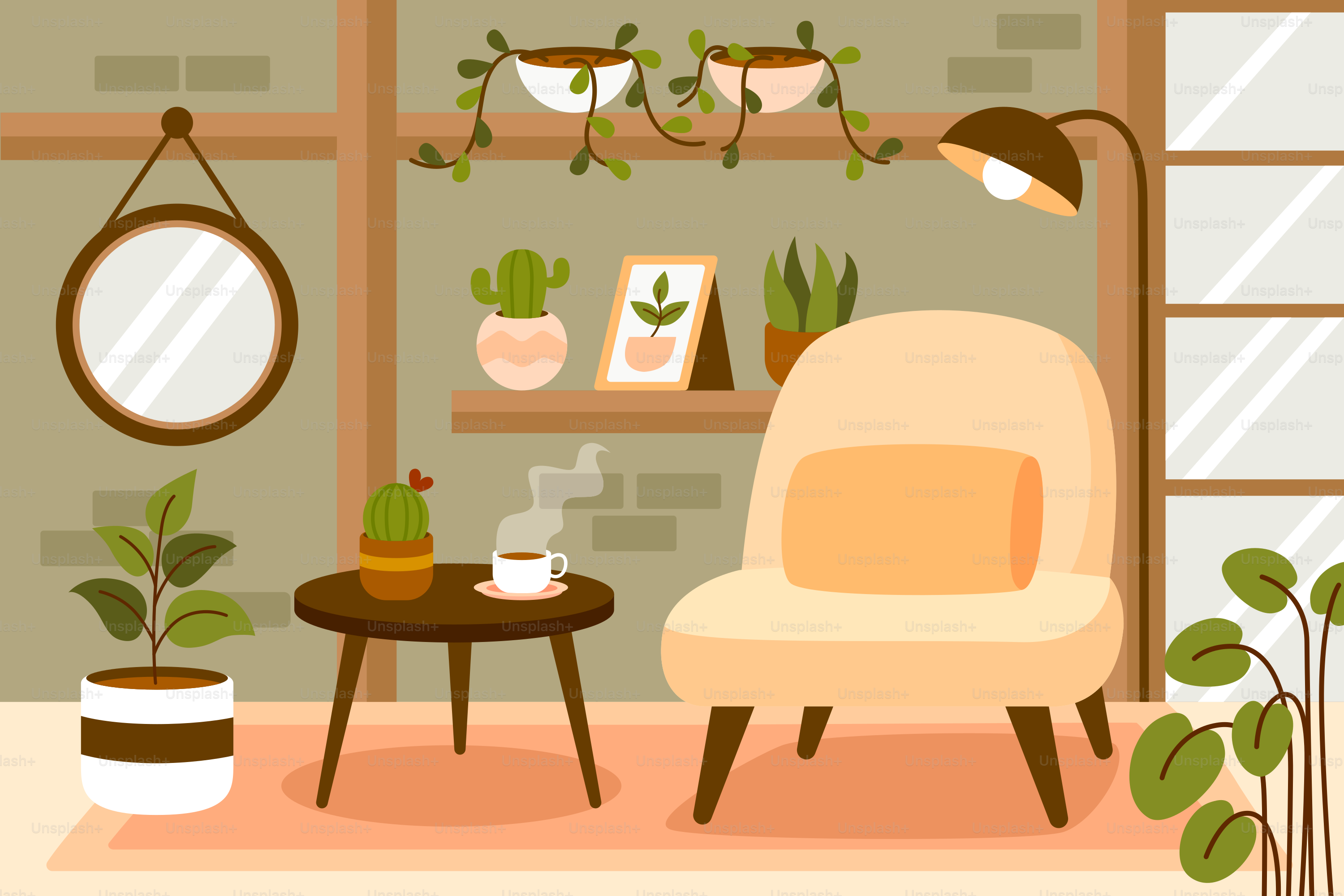 A living room filled with furniture and potted plants
