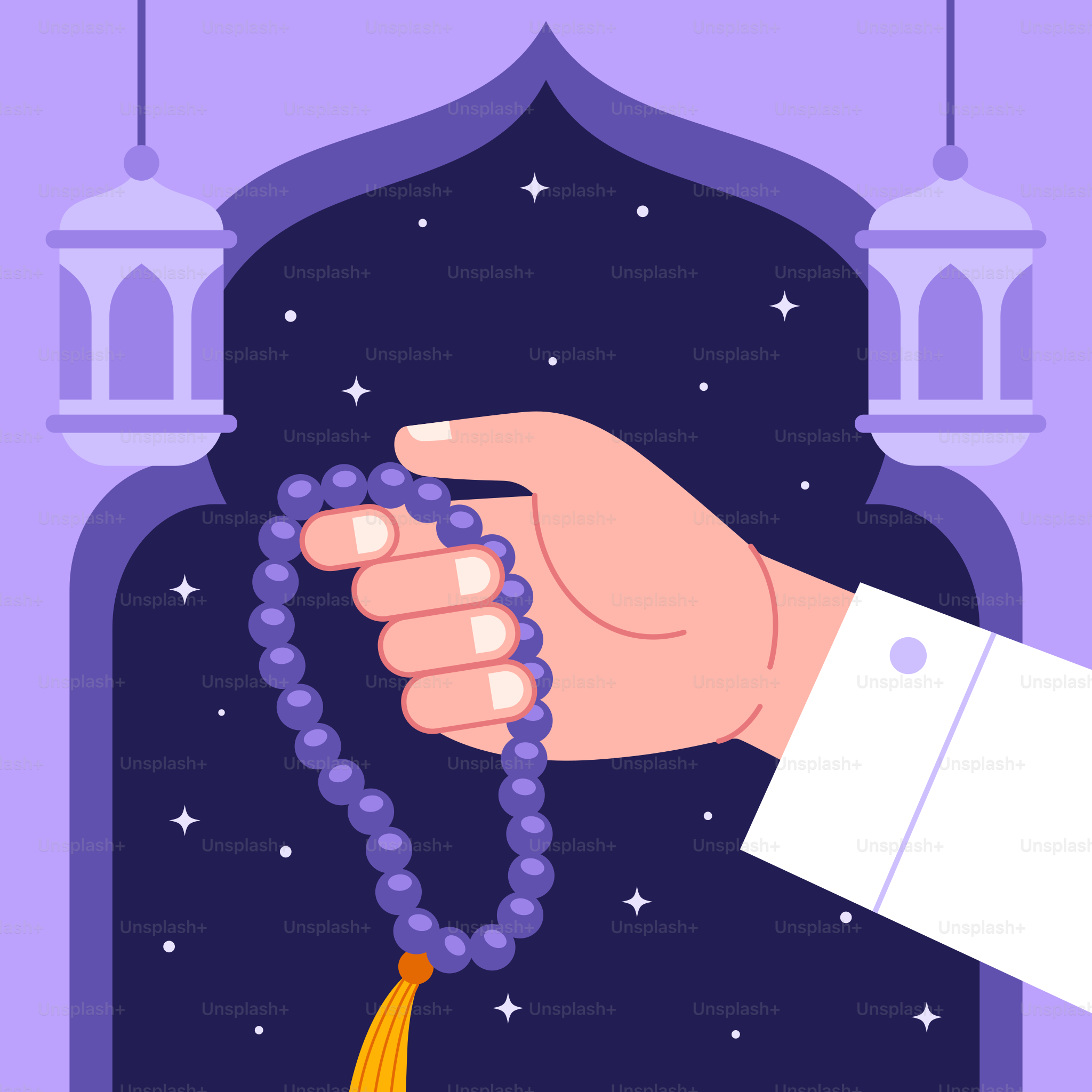 A hand holding a beaded rosary in front of a purple background