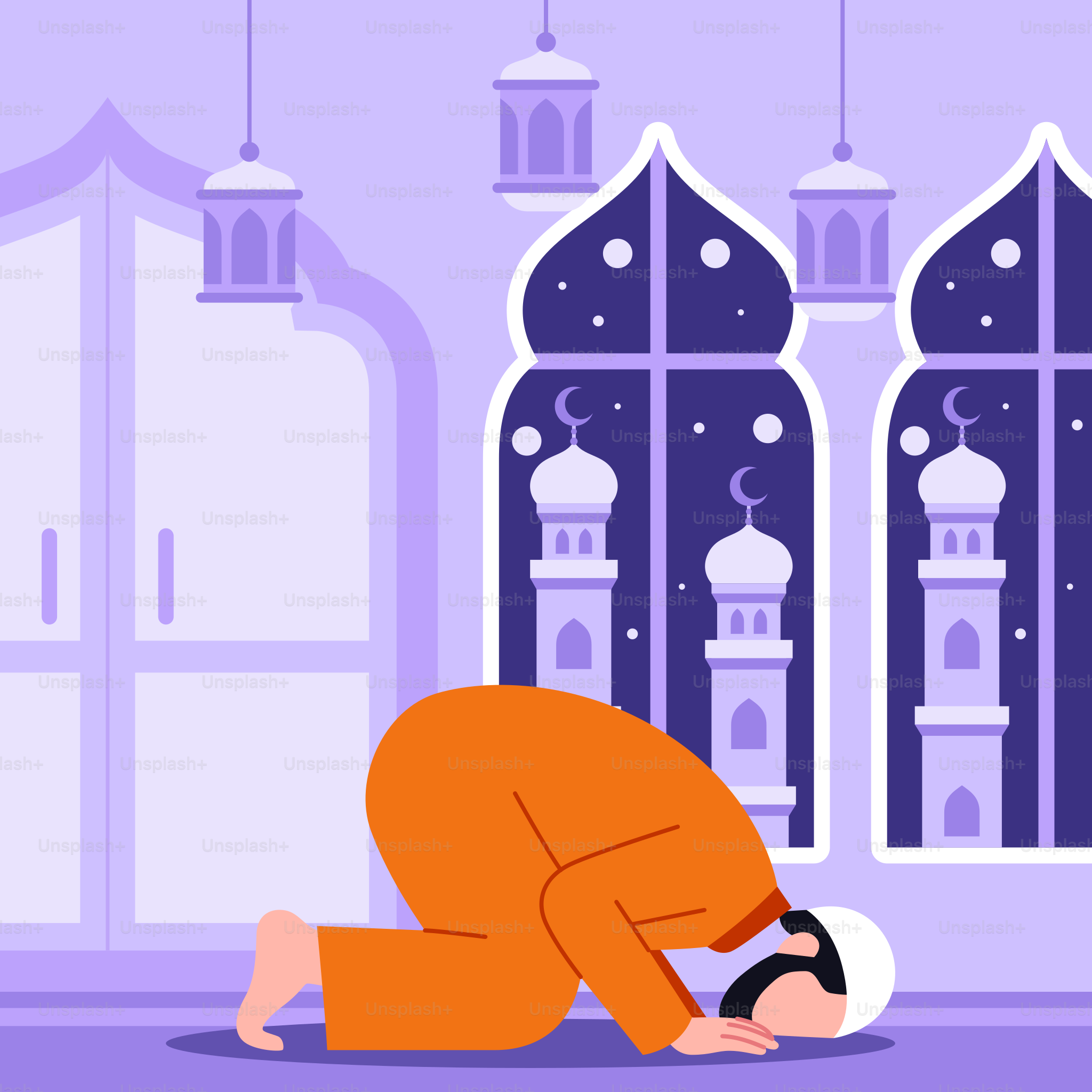 A man in an orange outfit is praying in front of a mosque