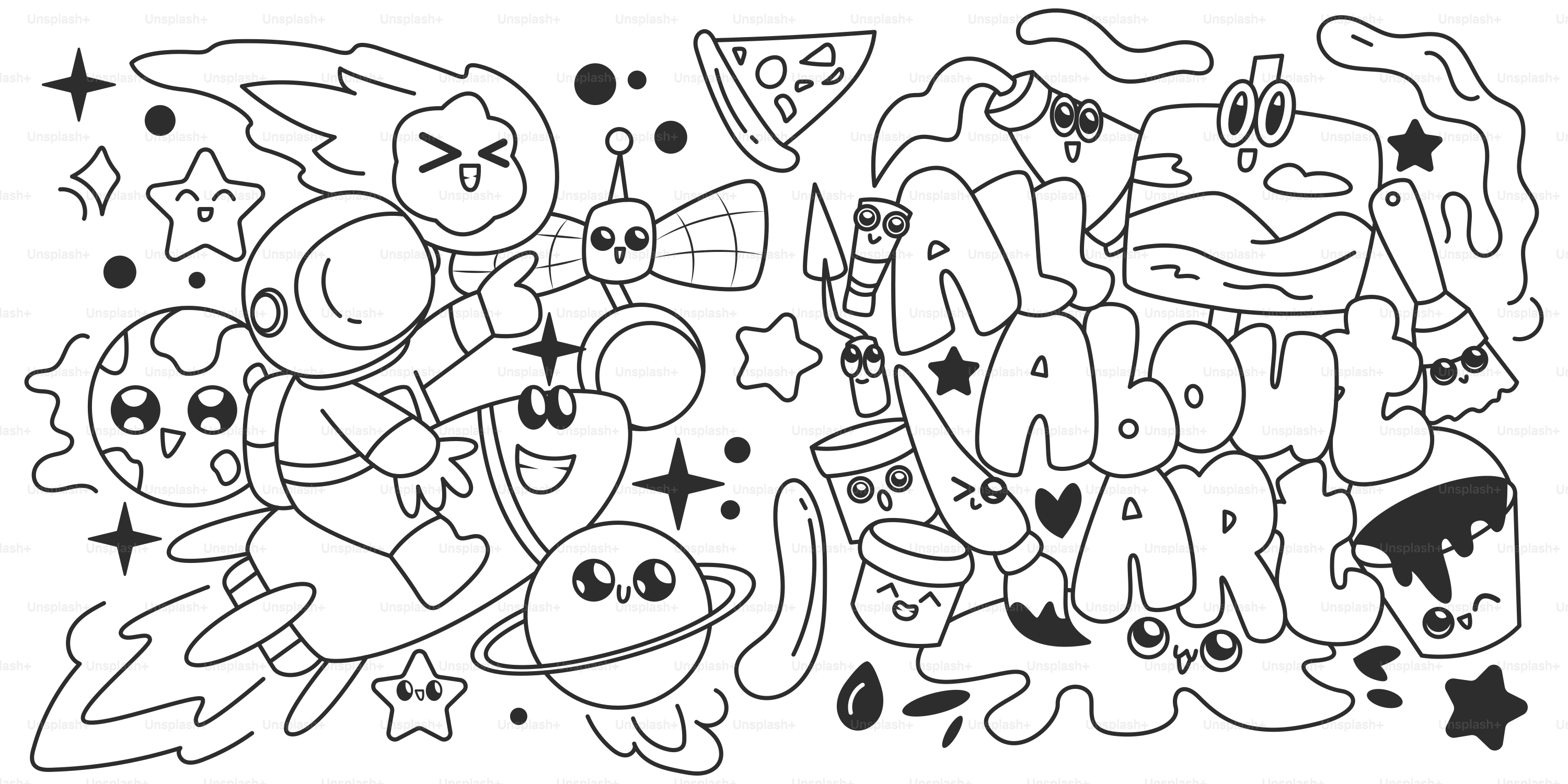 A black and white drawing of a group of cartoon characters