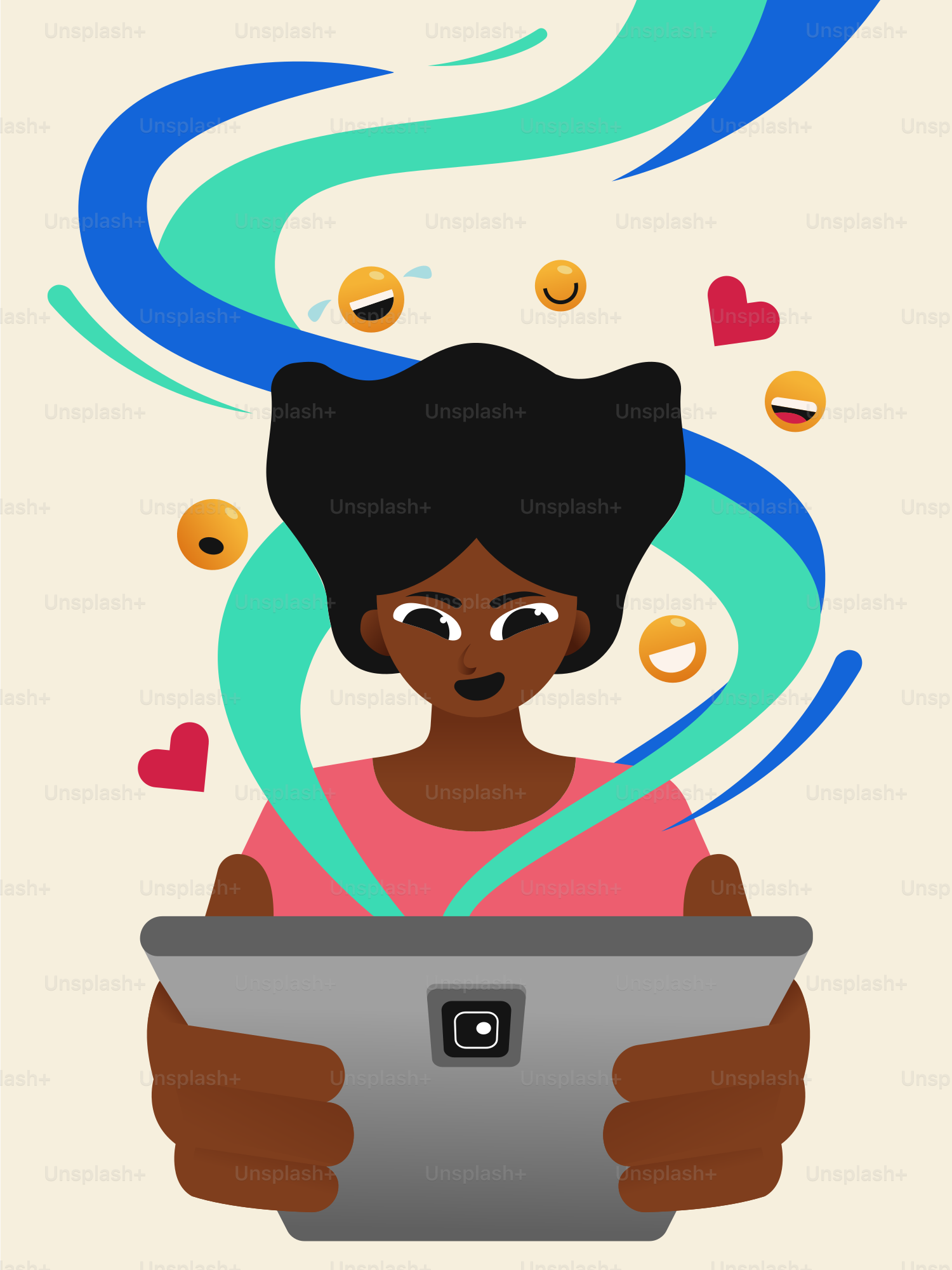 Uma mulher segurando um tablet com bolhas saindo da cabeça