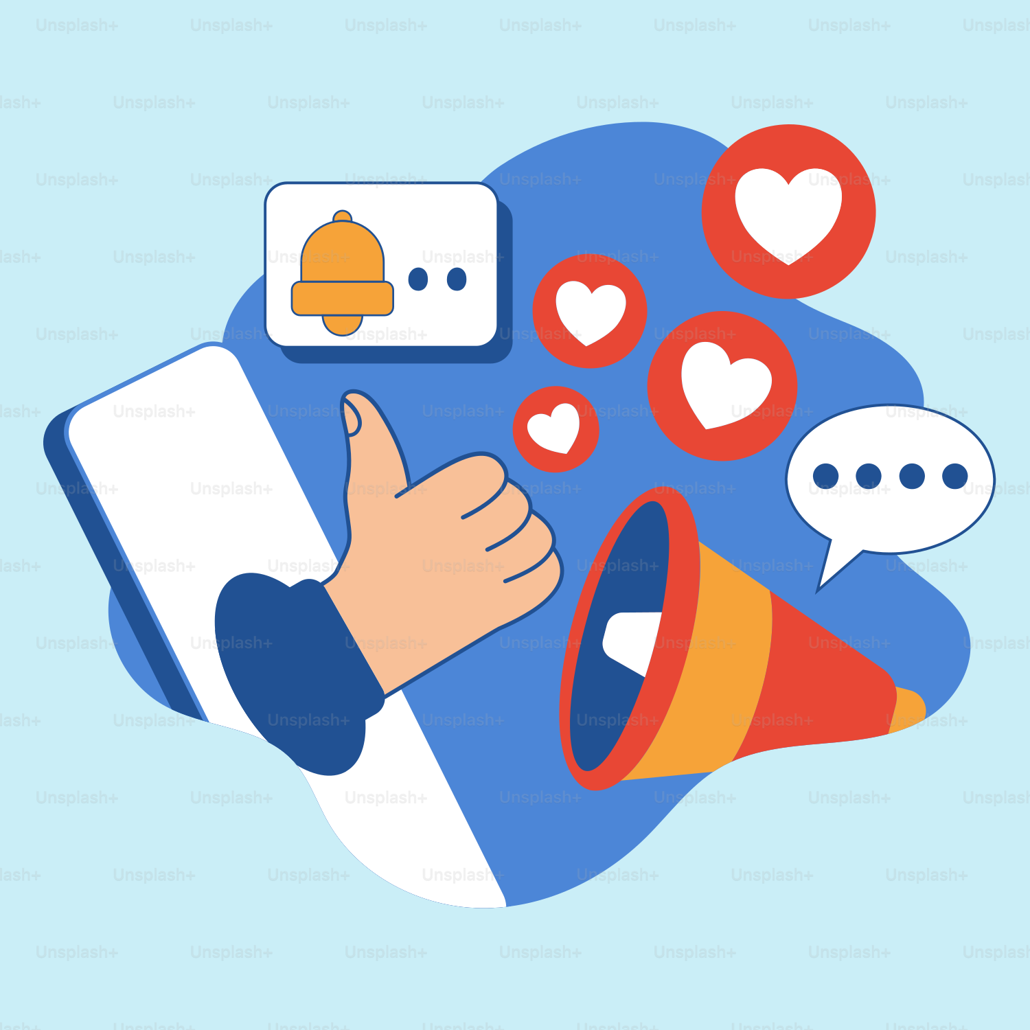 A hand holding a megaphone with social icons surrounding it