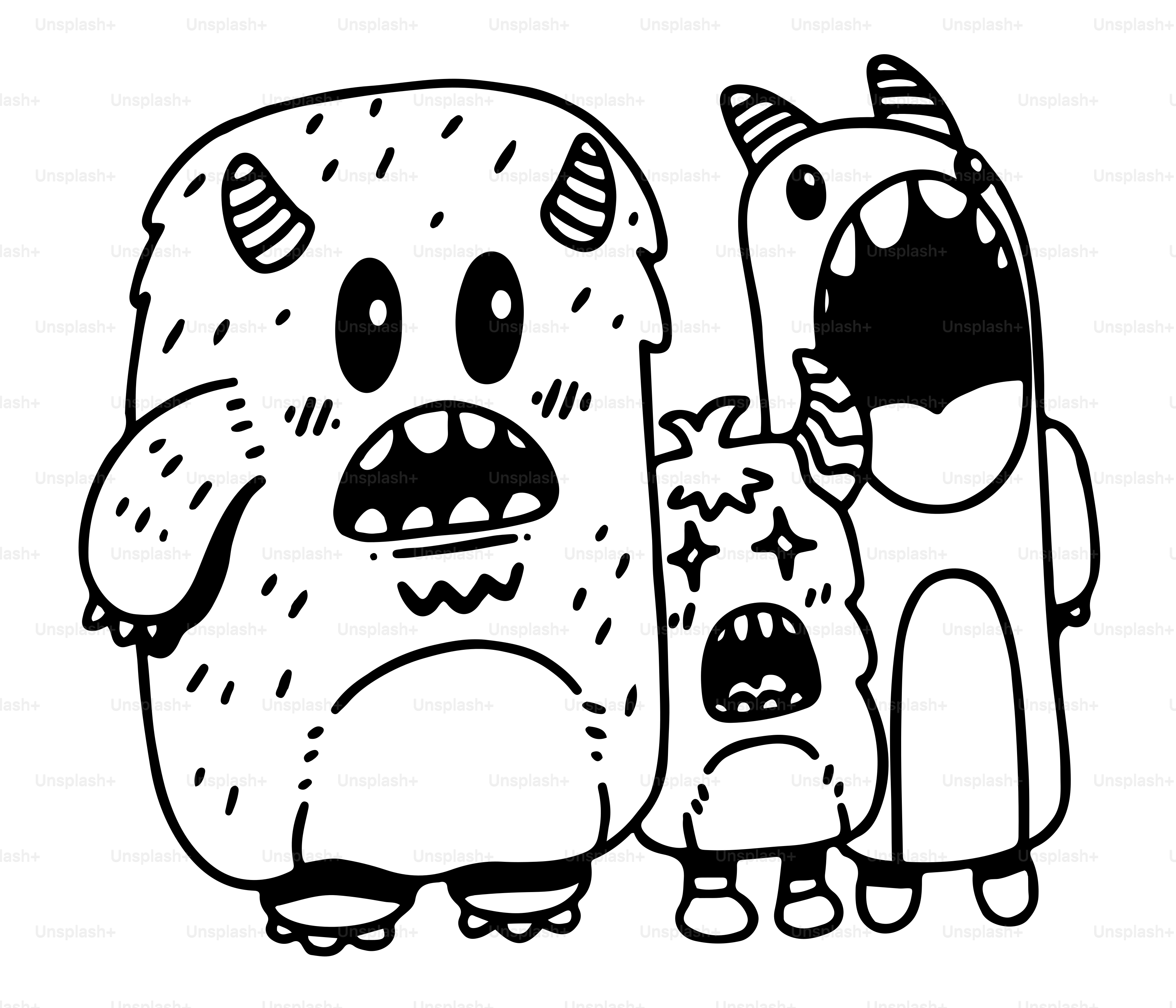 A black and white drawing of two monsters