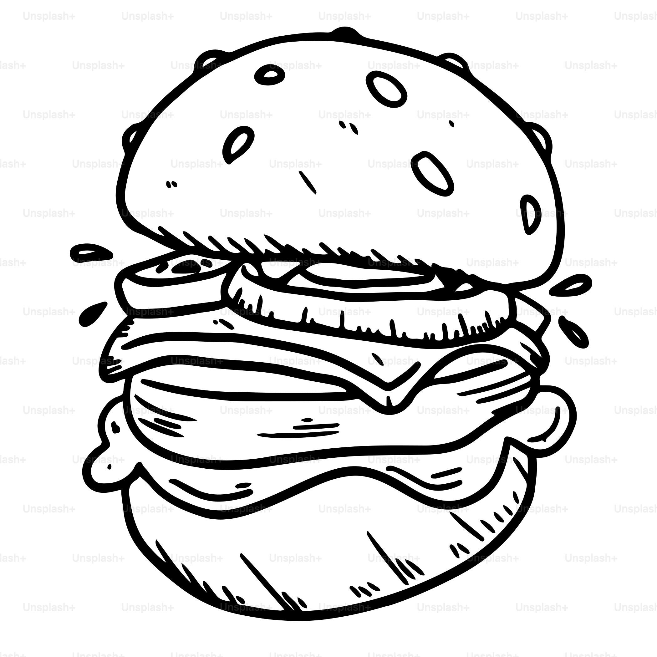 A black and white drawing of a hamburger