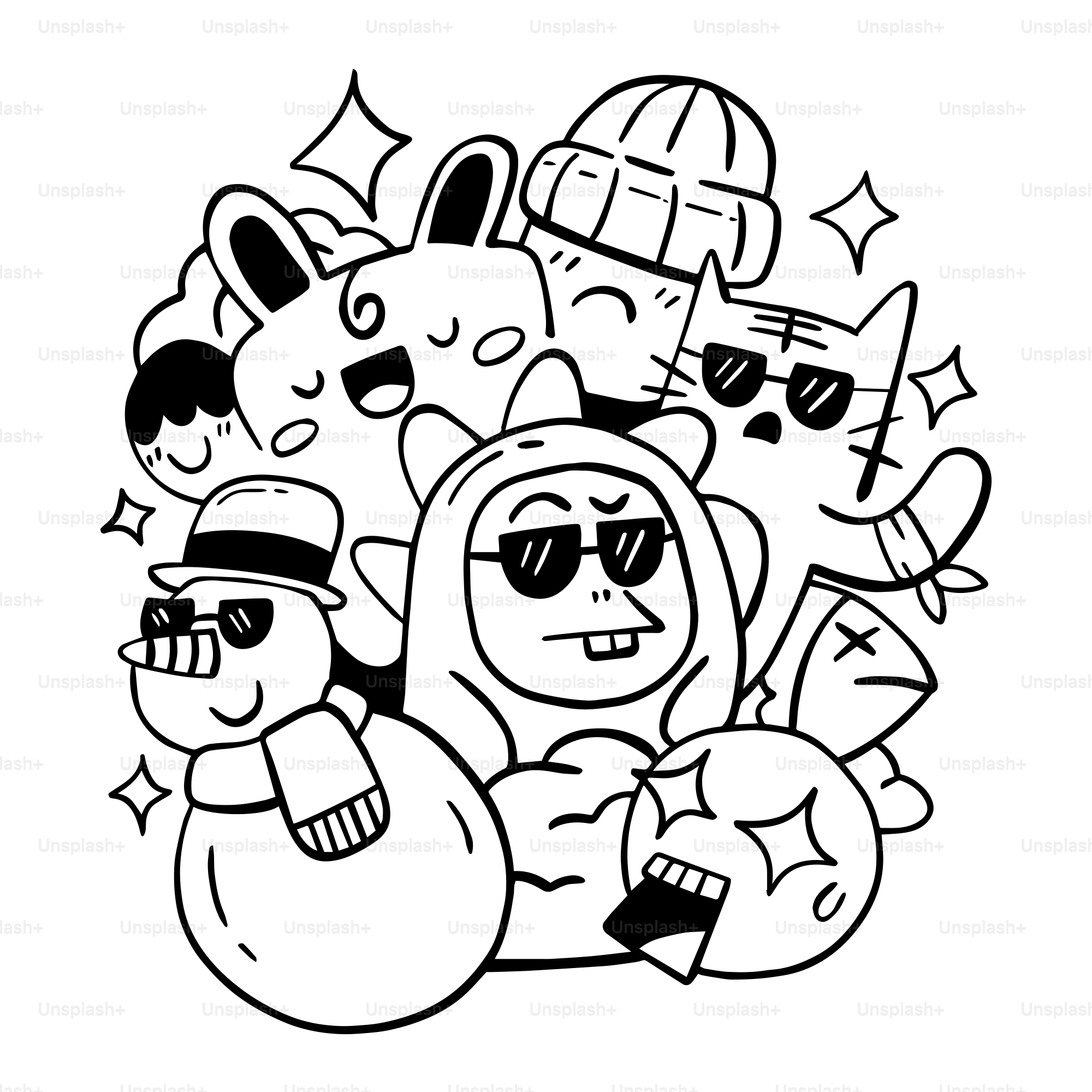 Un disegno in bianco e nero di un mucchio di personaggi dei cartoni animati  vettoriale – Immagine di Gatto su Unsplash, image size:3000x3000