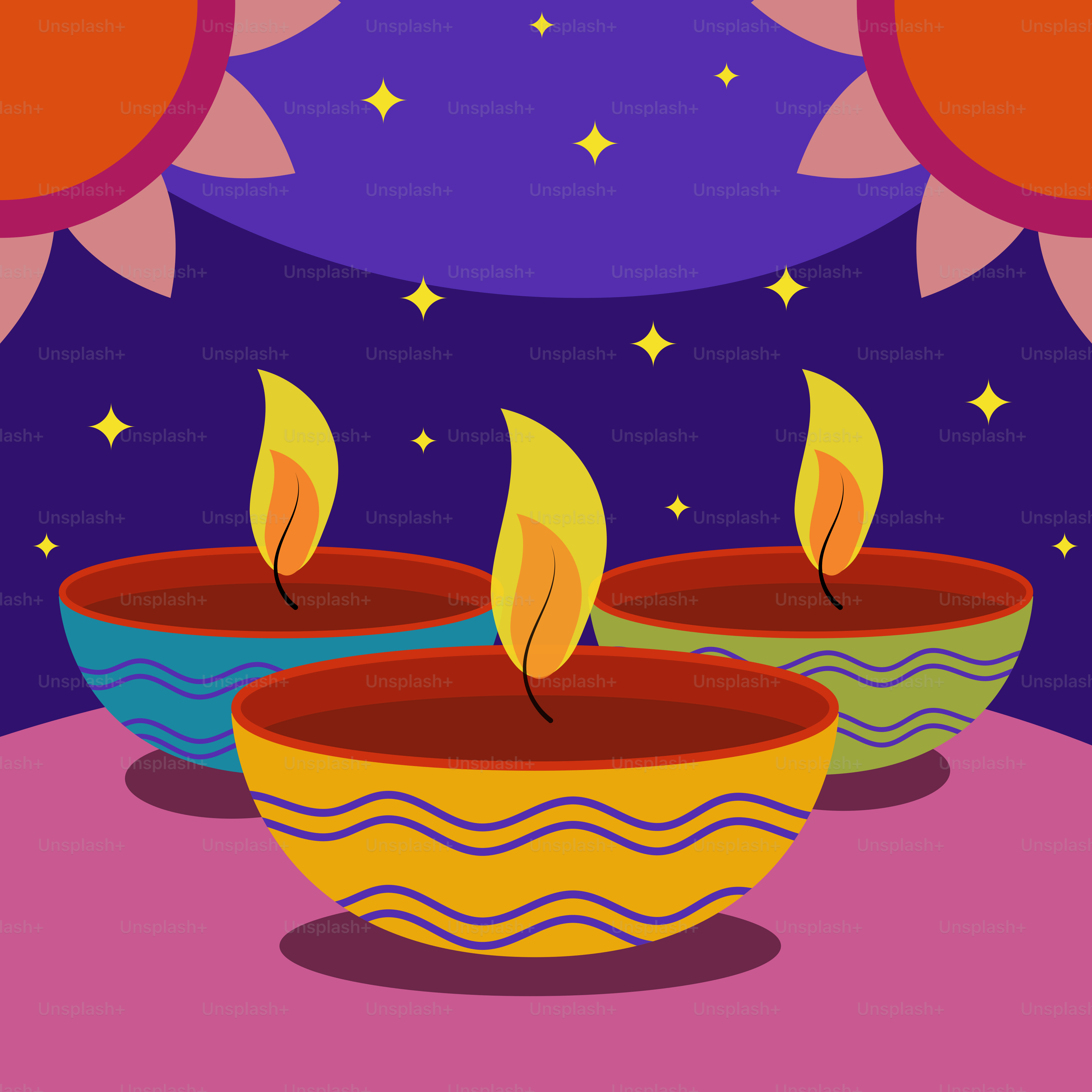 Three lit candles sitting on top of a table