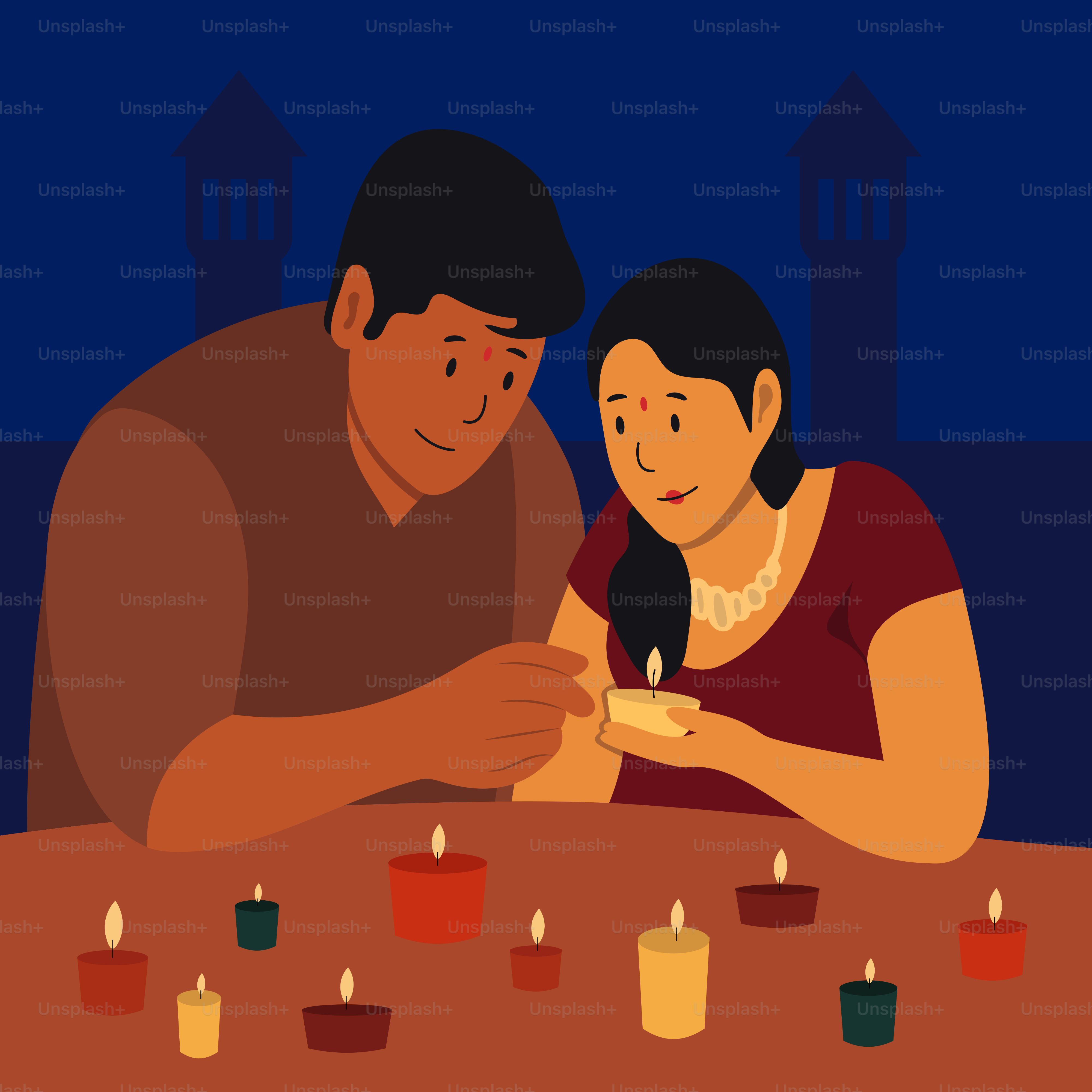 Ein Mann und eine Frau zünden Kerzen auf einem Tisch an