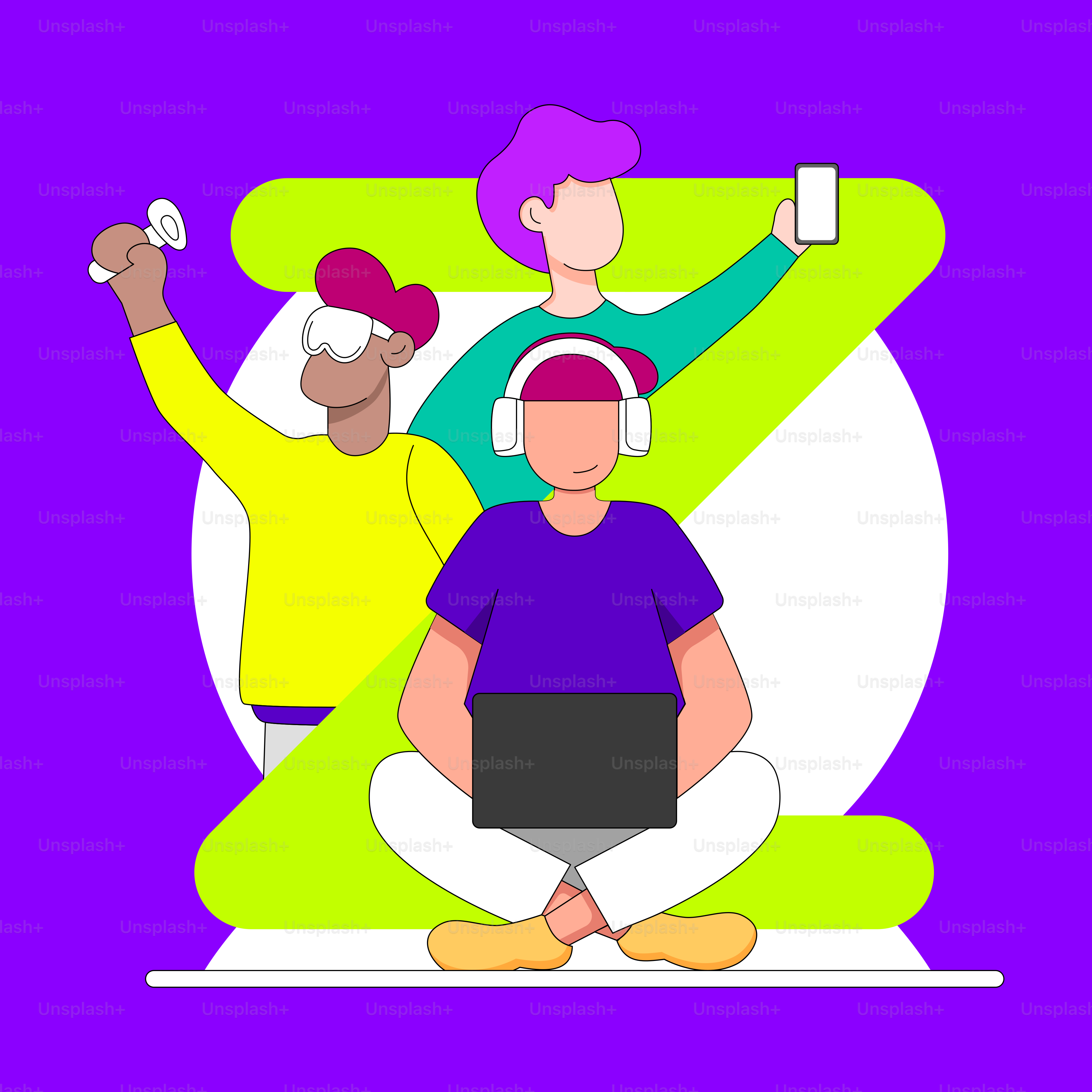 Un groupe de personnes assises sur un fond violet