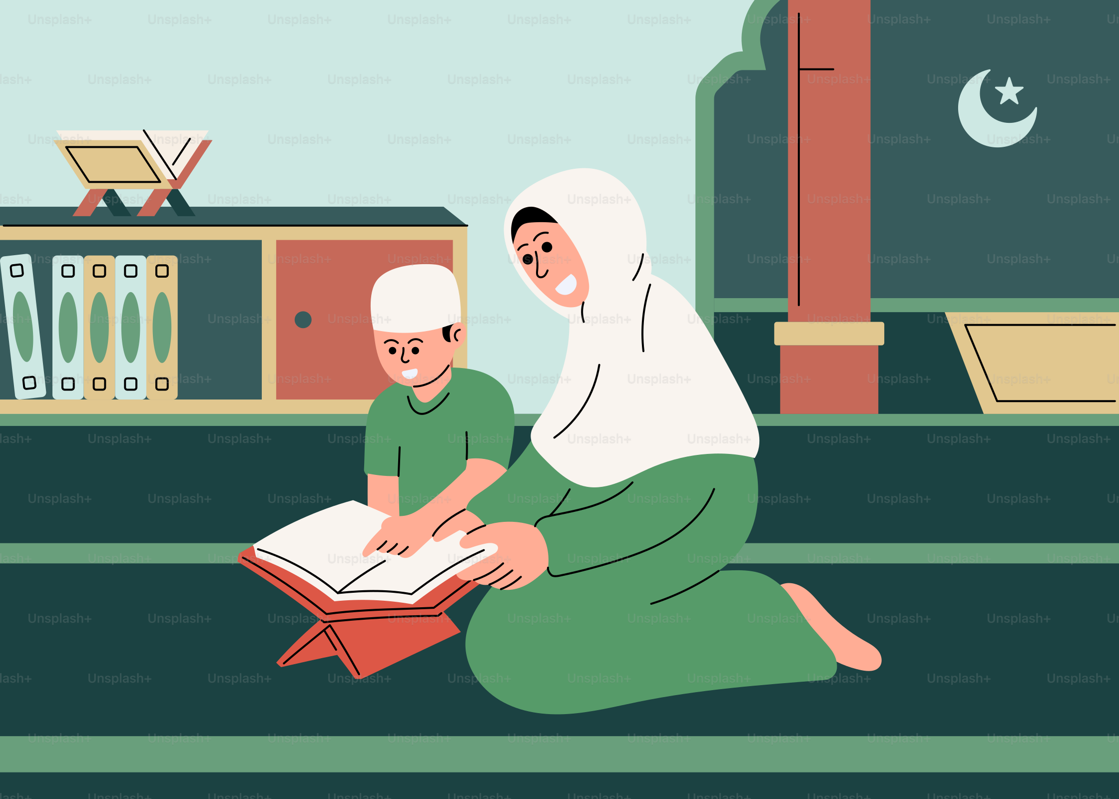 Seorang wanita duduk di lantai membacakan buku untuk seorang anak