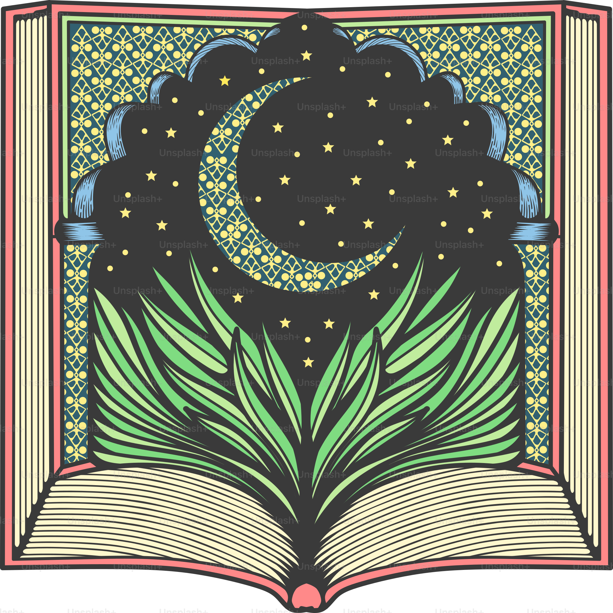 An open book with a crescent and stars on it