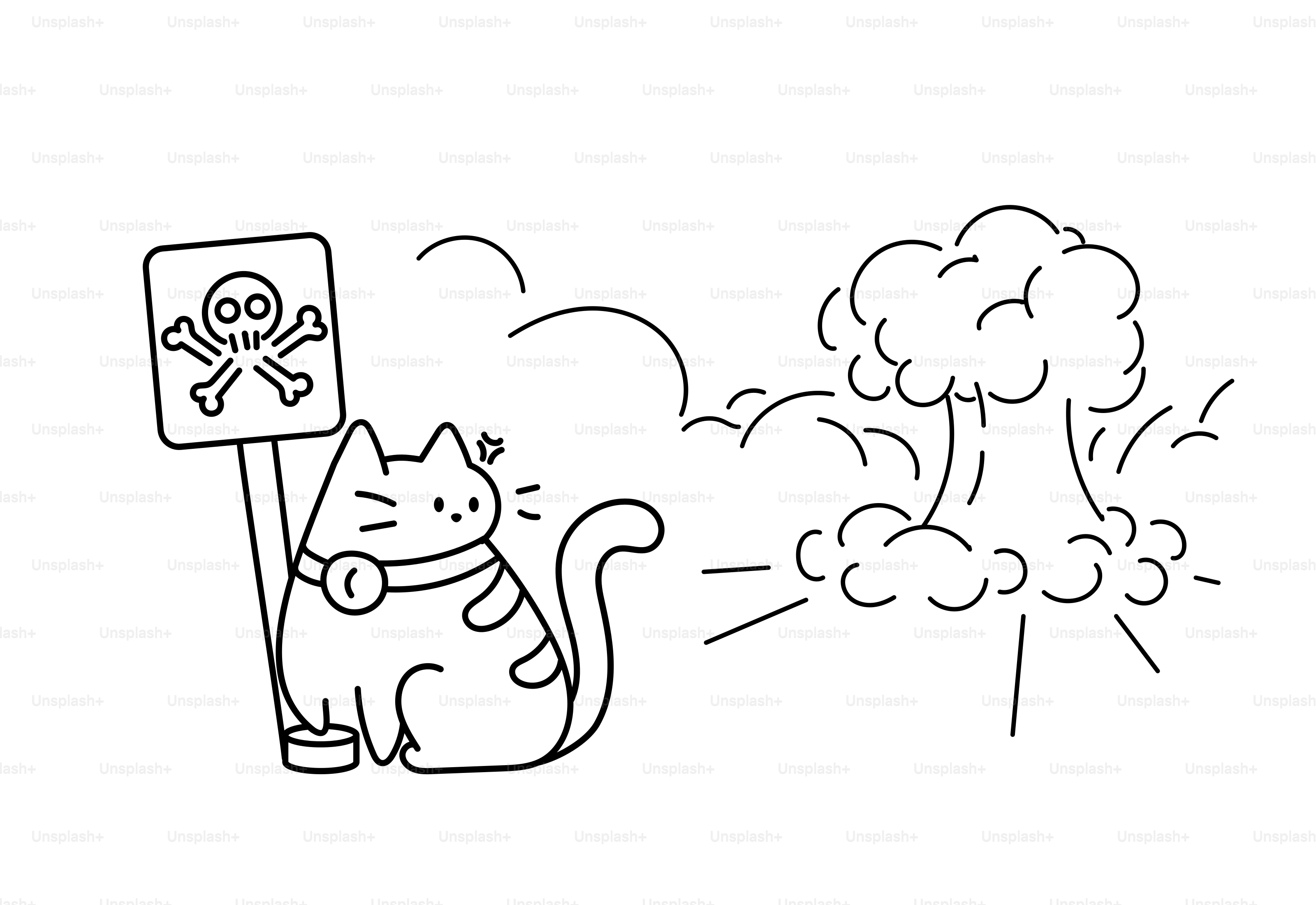 A black and white drawing of a cat holding a sign