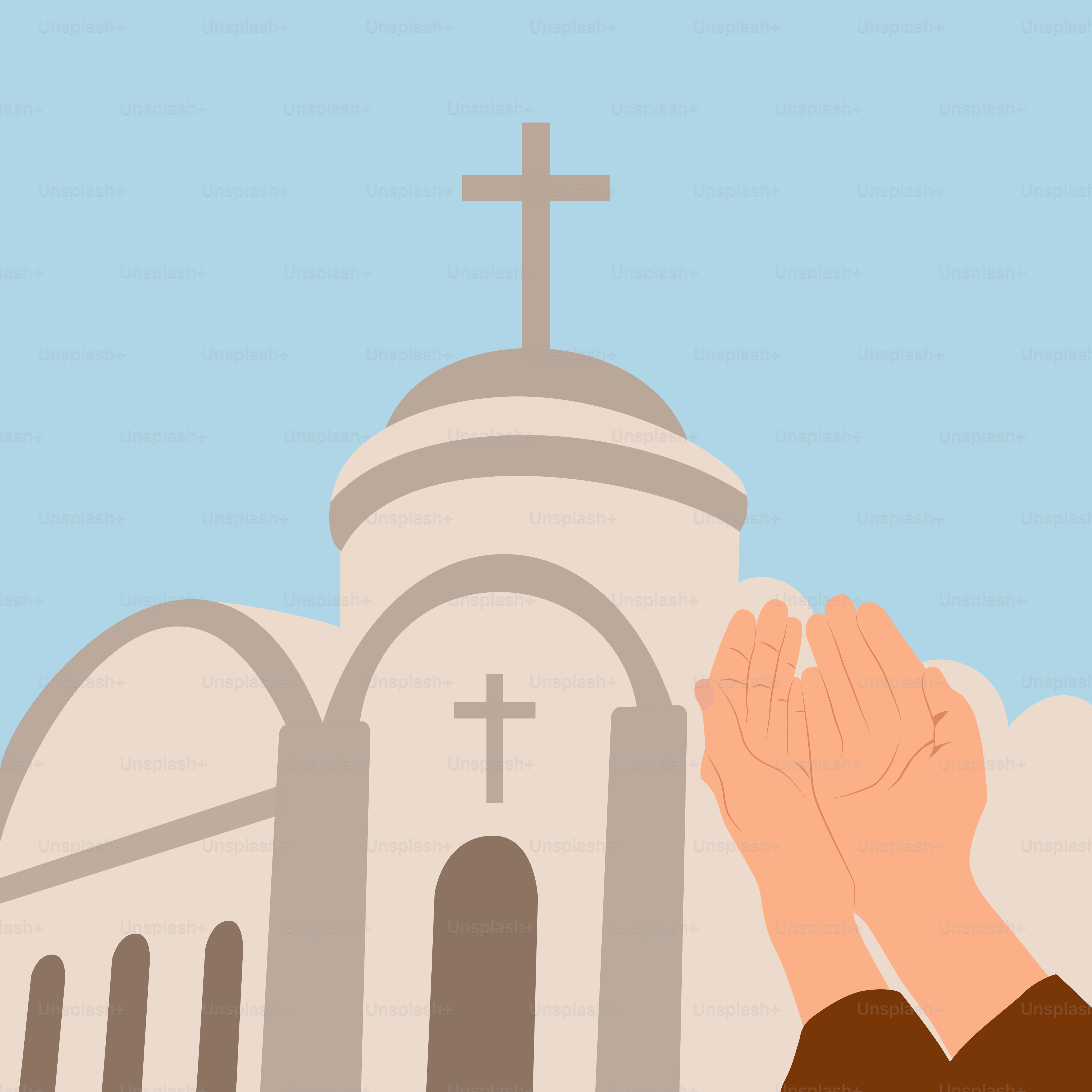 A person raising their hands in front of a church