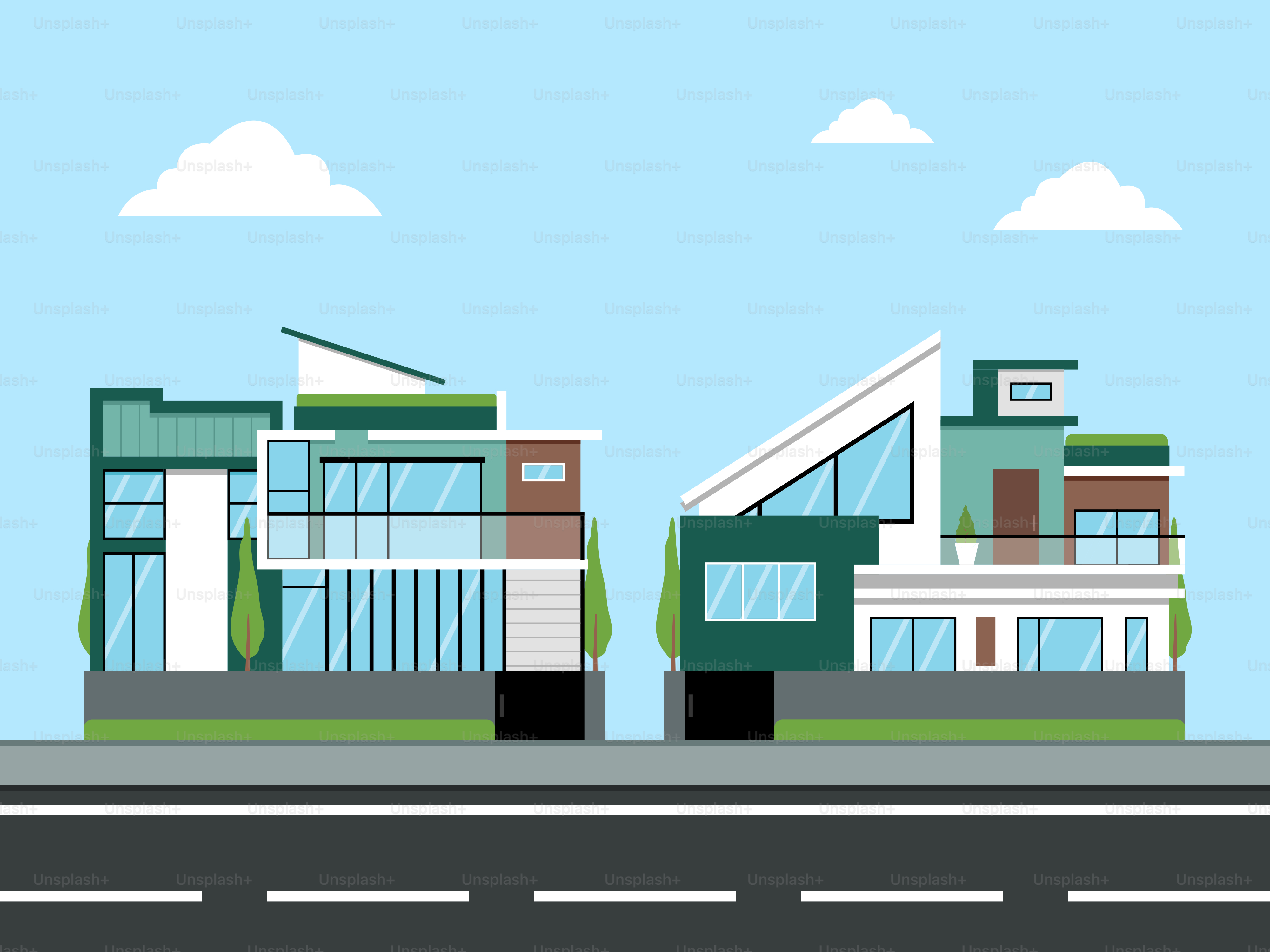 Two buildings on the side of a road