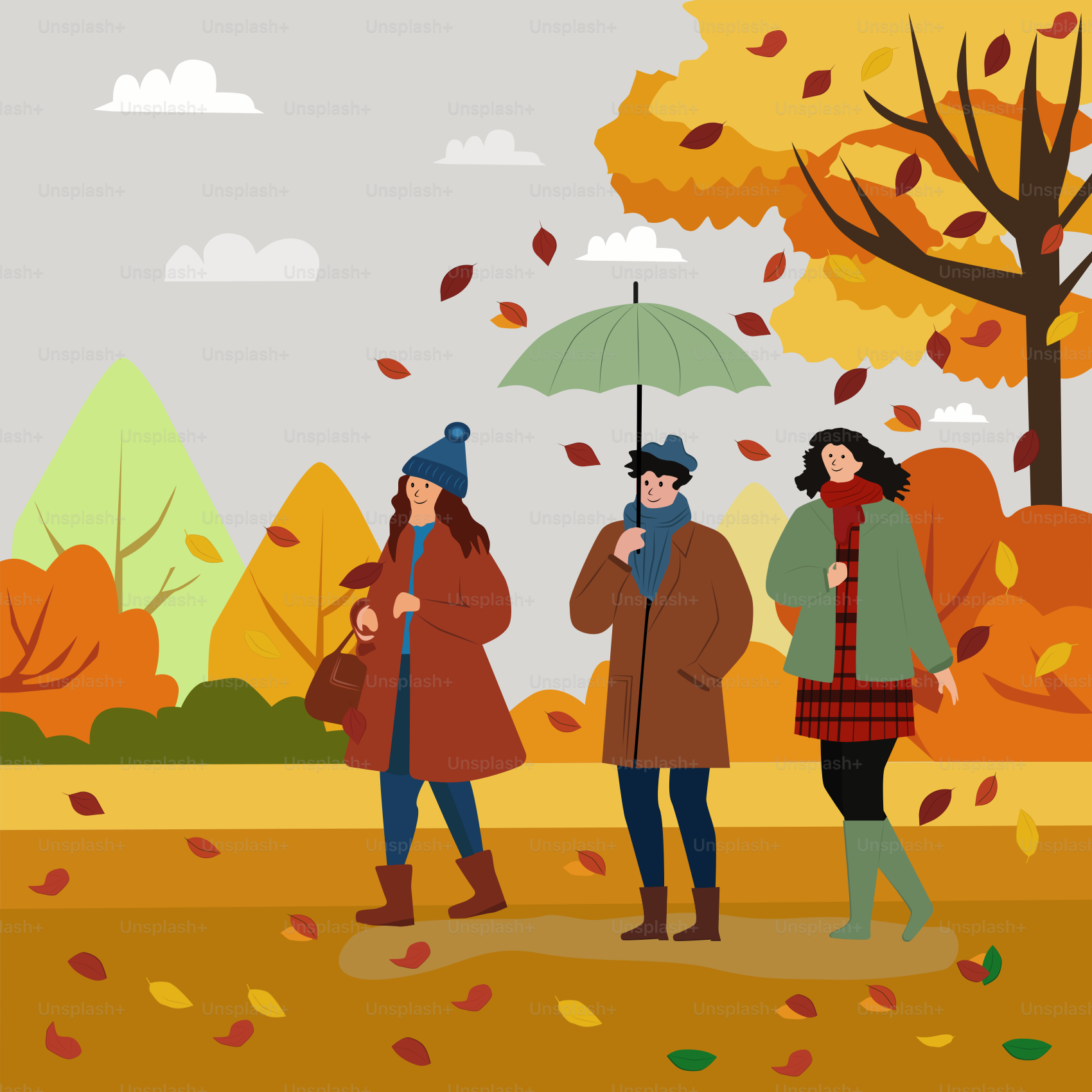 A group of people standing in a park under an umbrella