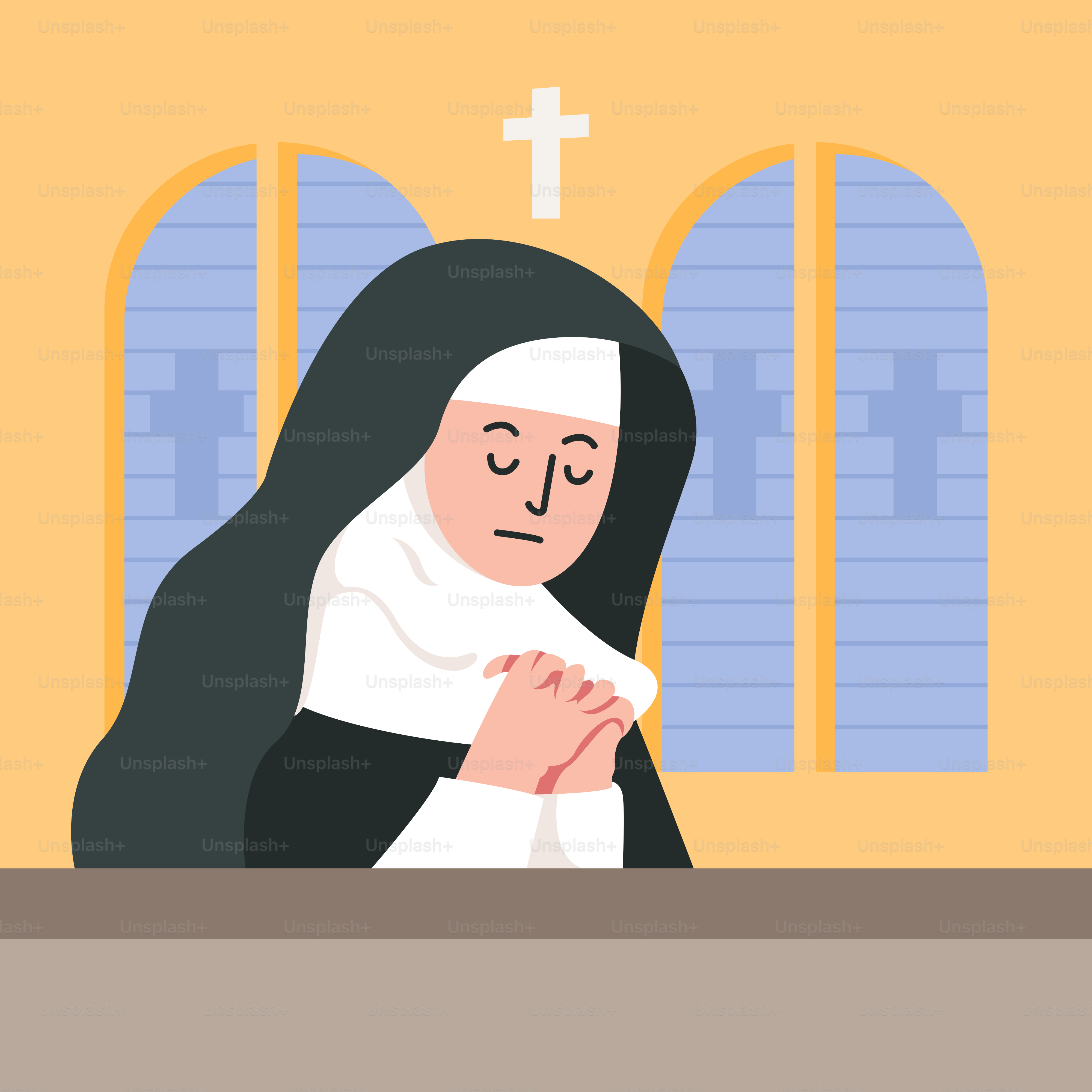 A woman sitting at a table in front of a cross