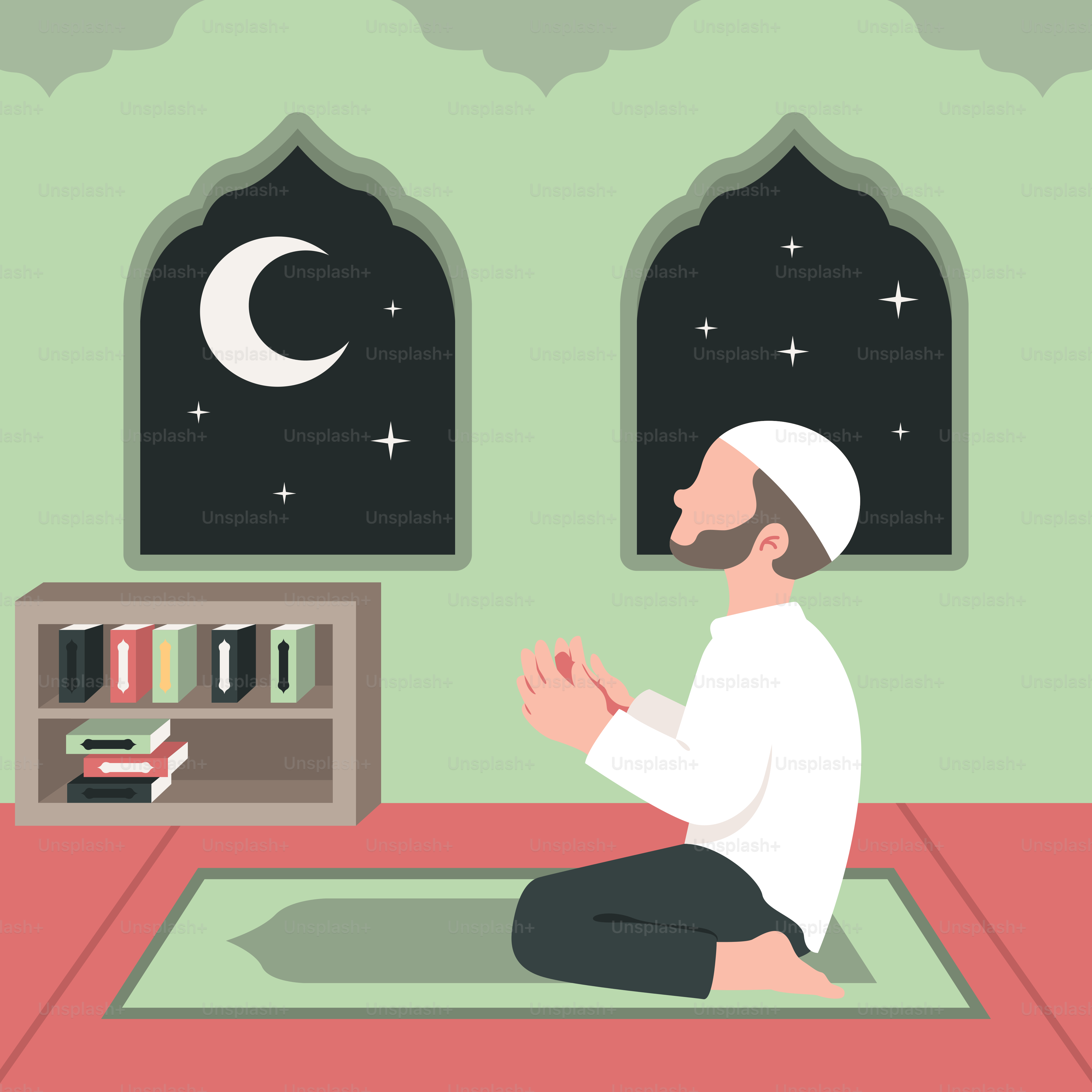 Um homem sentado em um tapete em um quarto