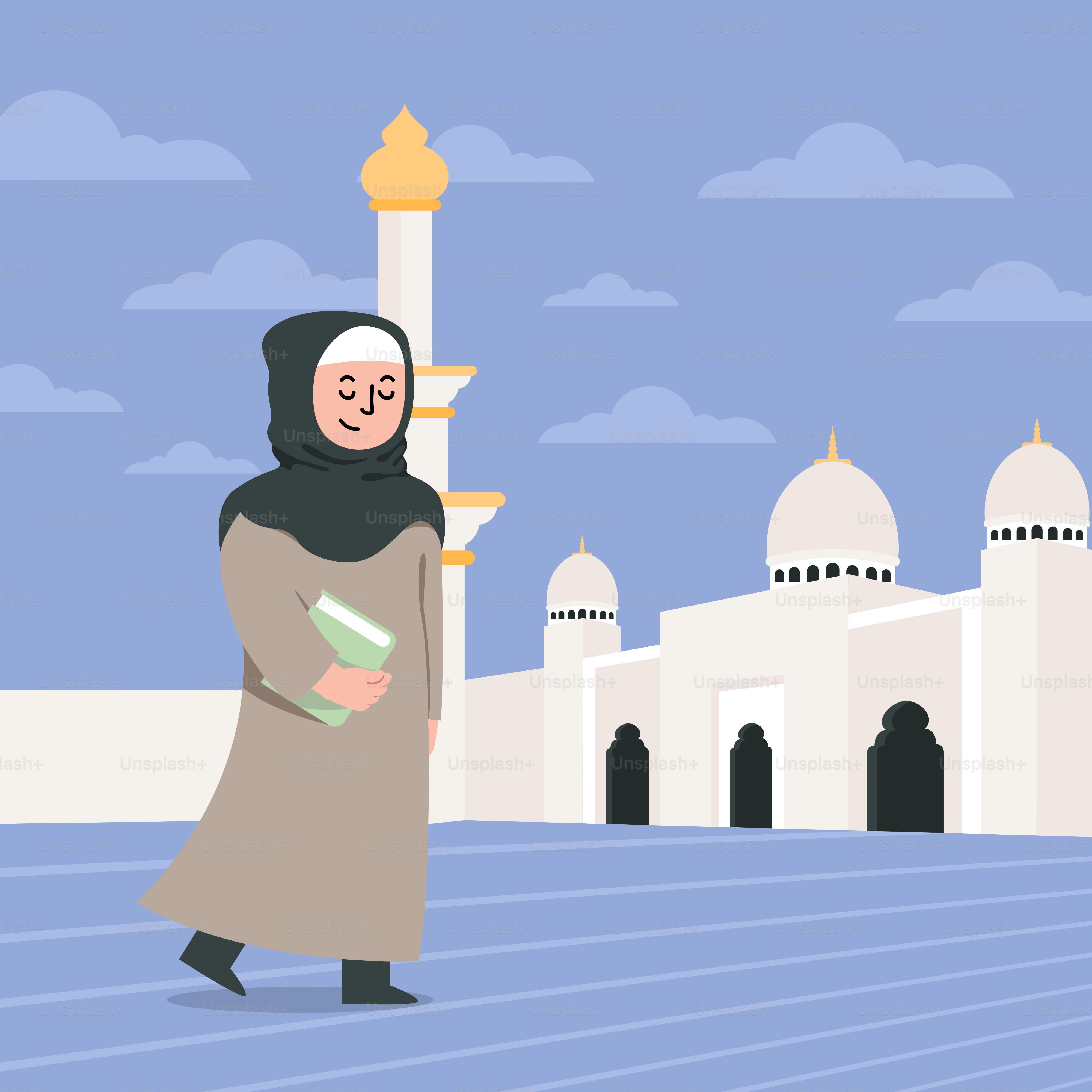 A woman in a hijab walking in front of a building