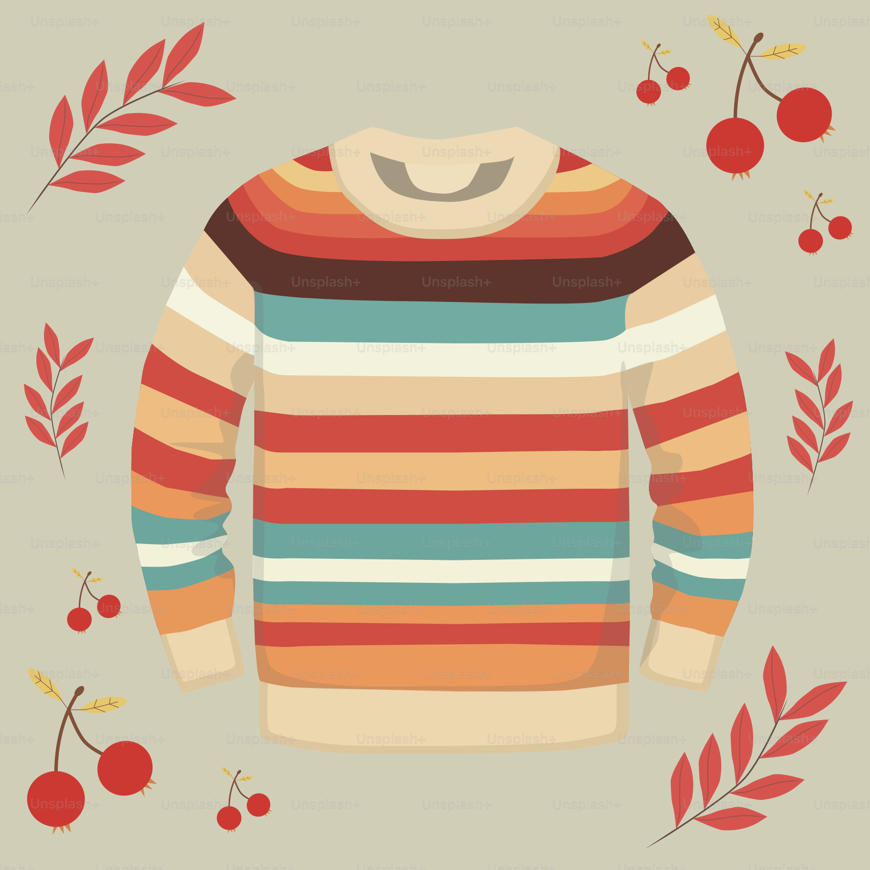 A striped sweater with berries and leaves around it