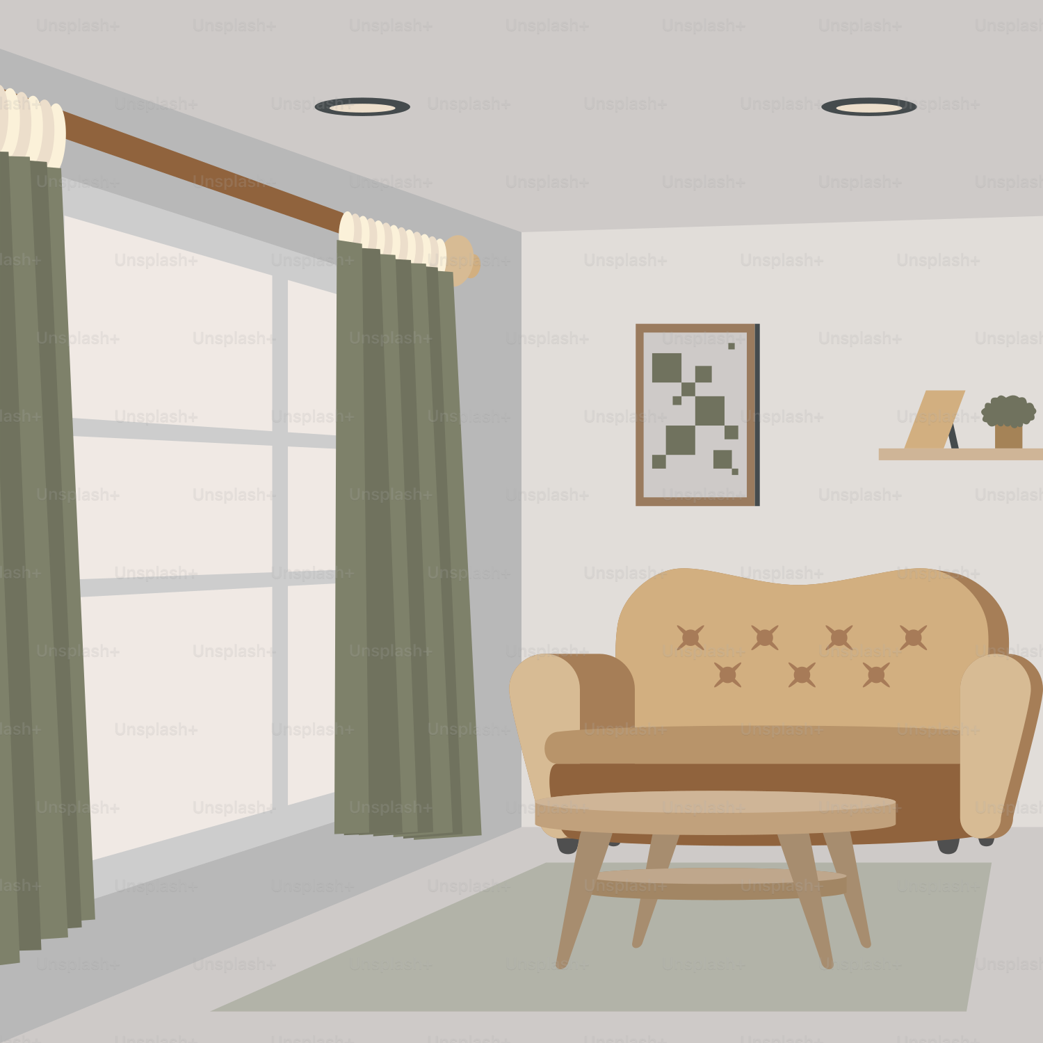 A drawing of a living room with a couch, chair, and coffee table